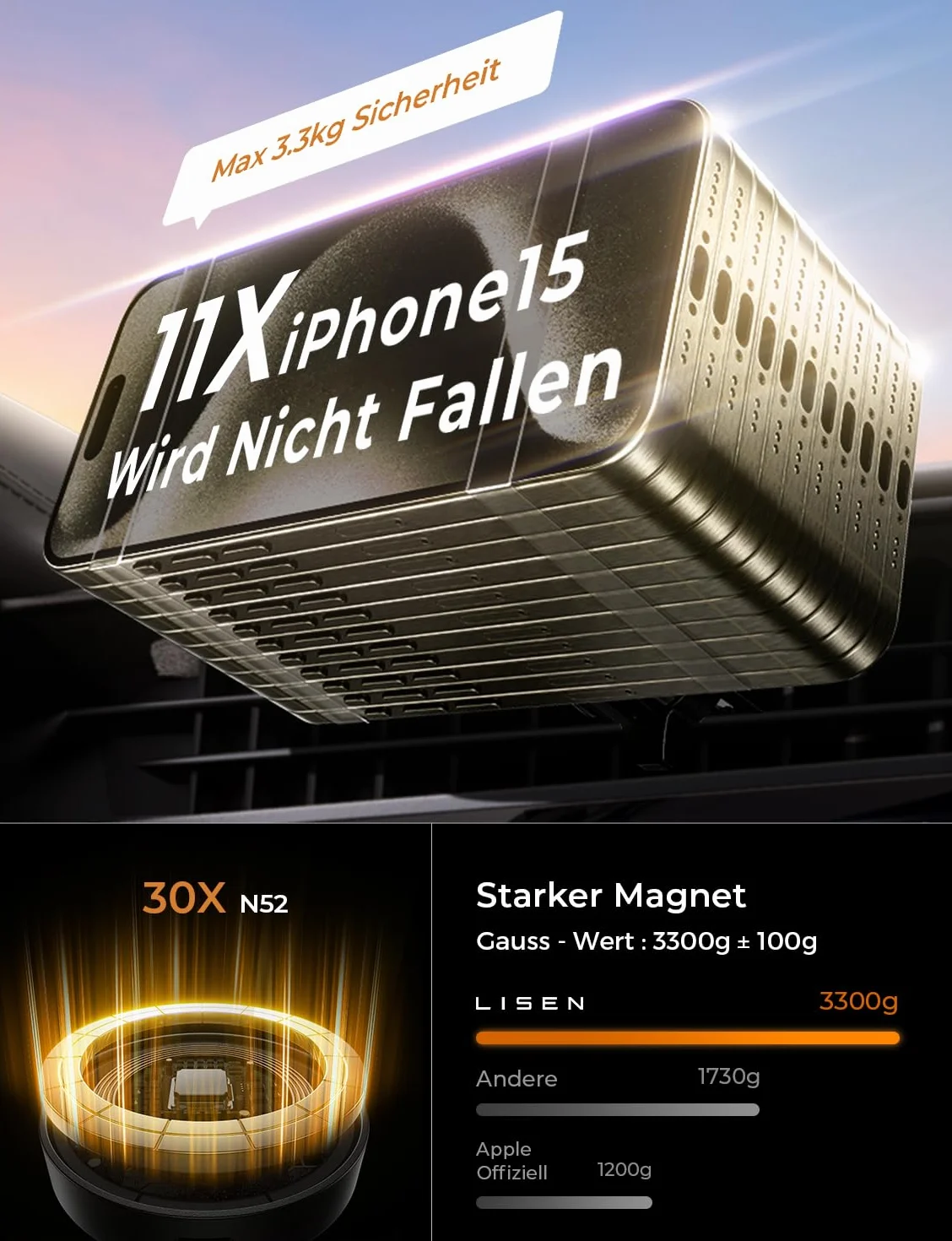 LISEN Magsafe uchwyt na ładowarkę samochodową bez ładowarki samochodowej Magsafe samochodowy telefon magnetyczna ładowarka bezprzewodowa 15 W dla iPhone 15 14 13 Pro Max Plus