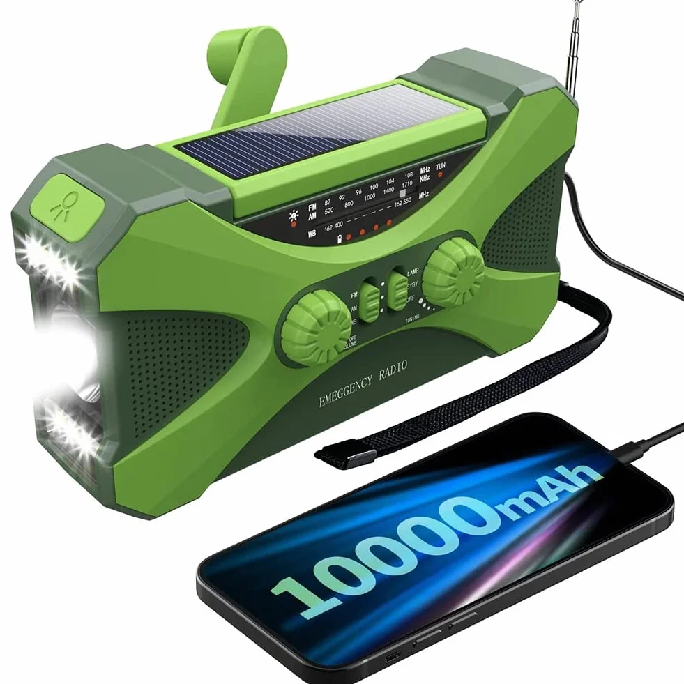 Radio awaryjne 10000MAh, radio z korbą solarną, przenośne radio z ładowarką do telefonu, zielona latarka LED