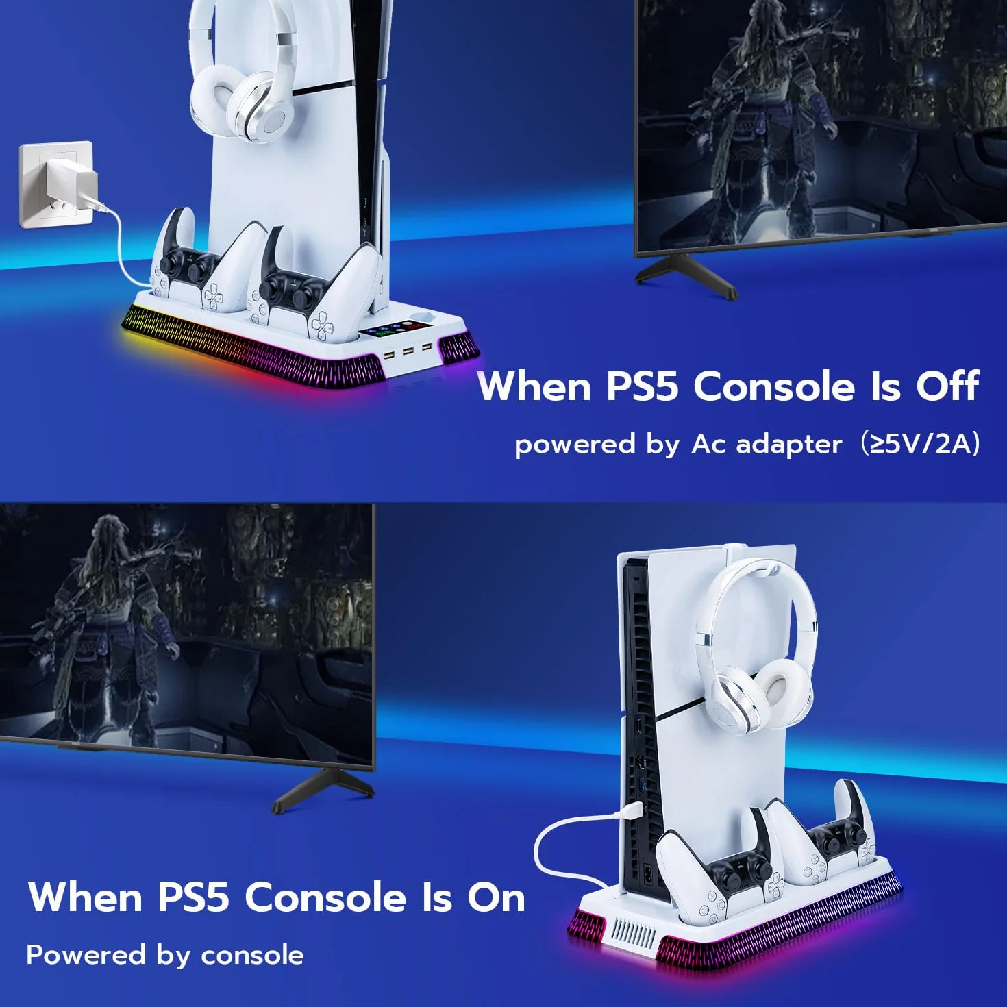 Wigearss Pionowa stacja chłodząca z wentylatorem PS5 Slim, ładowarką z dwoma kontrolerami i podświetleniem RGB dla PS5/PS5 Slim/PS5 Pro