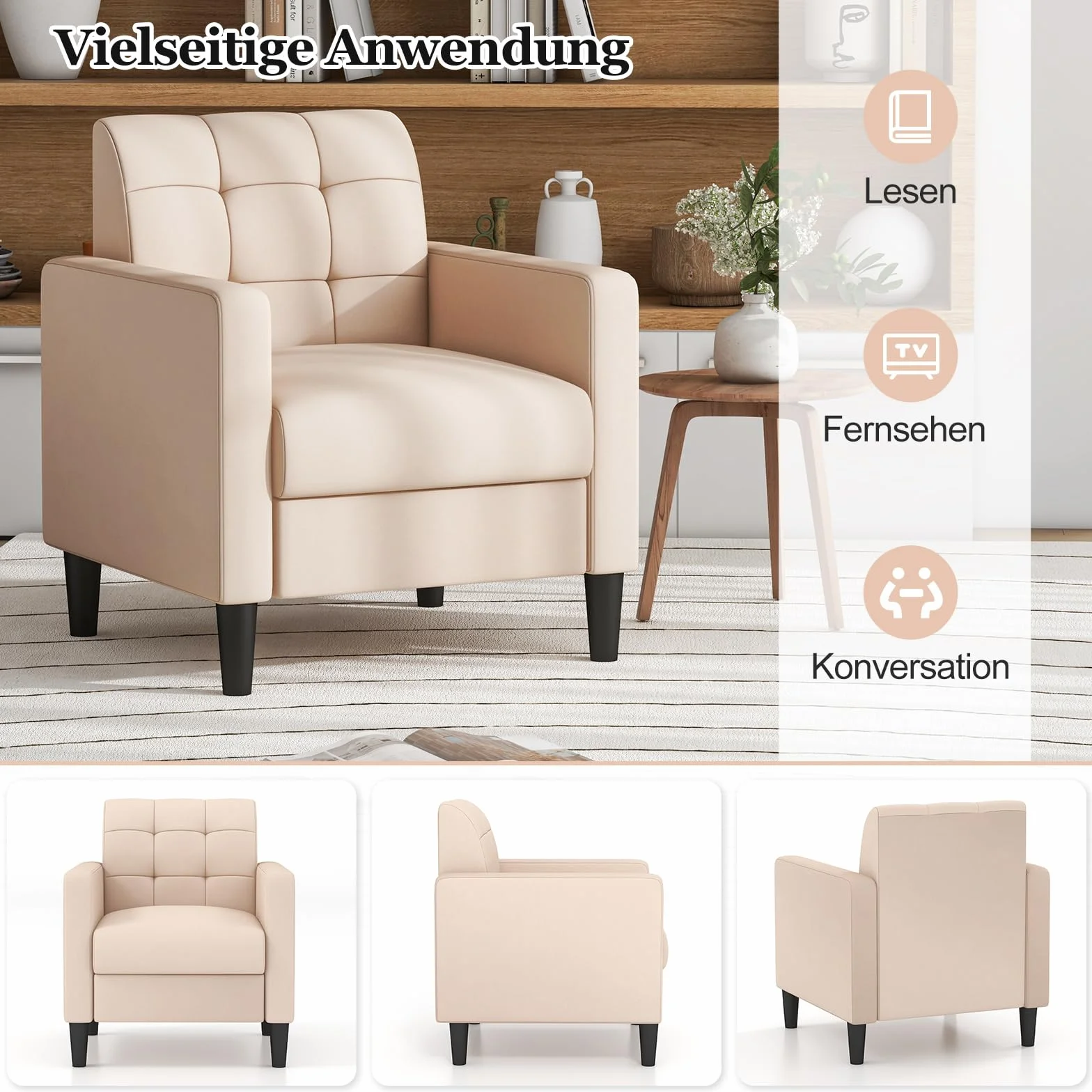 COSTWAY Nowoczesny fotel relaksacyjny, z aksamitu w stylu Mid-Century, tapicerowany fotel z tuftowanym oparciem, podłokietnikami i drewnianymi nogami do salonu, sypialni i biura domowego, beżowy