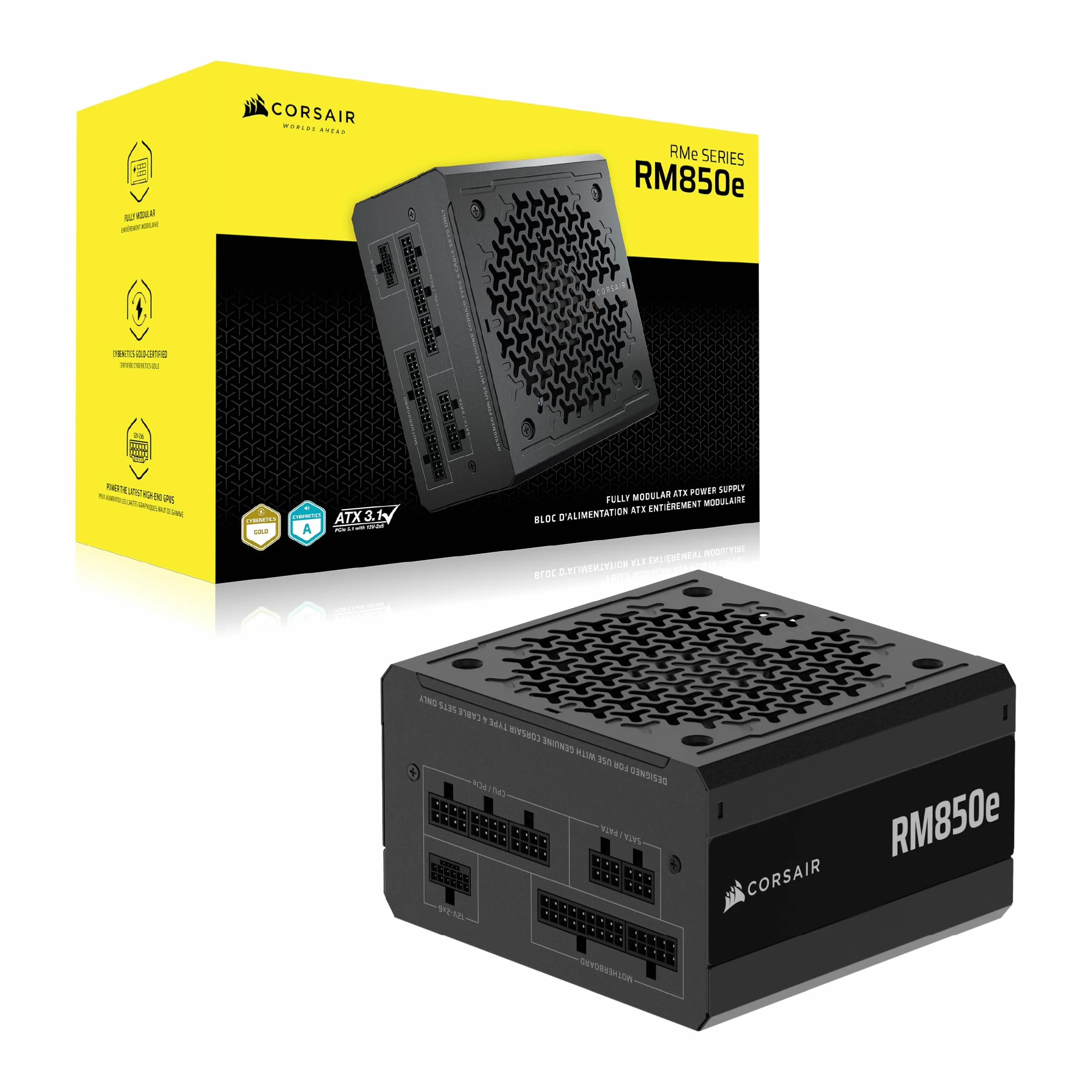 CORSAIR RM850e (2025) W Pełni Modułowy Cichy Zasilacz ATX Zgodny Z kablem 12V-2x6 – Zgodna z ATX 3.1 i PCIe 5.1, Wydajność Klasy Cybenetics Gold, Kondensatory Działające w Temperaturze 105°C – Czarny