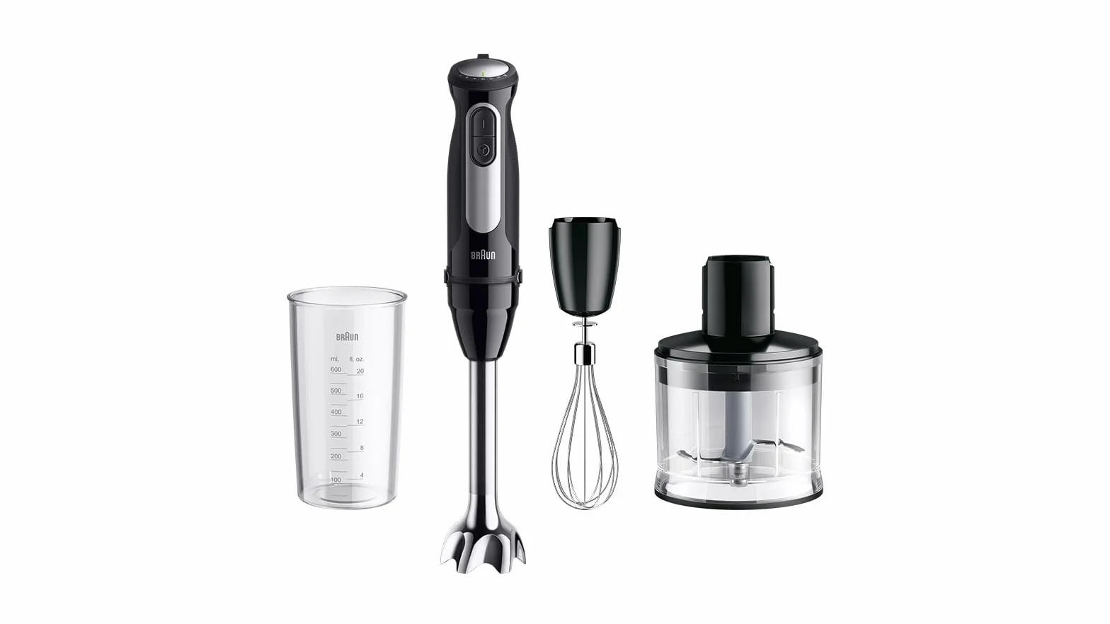Braun MultiQuick 5 Pro MQ55236M, blender ręczny z 25 prędkościami, system EasyClick Plus do akcesoriów, 1000 W, czarny z trzepaczką, rozdrabniaczem (500 ml) i kubkiem do miksowania i miarką (600 ml)