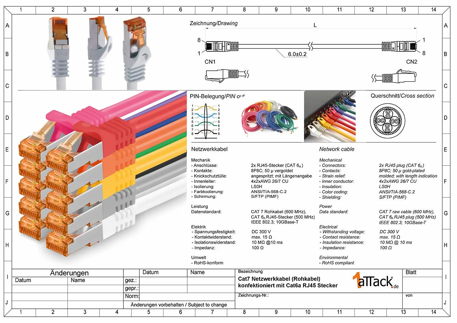 1aTTack.de 0,5 m - Kabel sieciowy Cat.7 biały - 5 sztuk Kabel Gigabit Ethernet LAN 10000 Mbit Kabel Cat7 S FTP PIMF ekranowany LSZH Surowy kabel Cat.7 Rj45 Cat 6a wtyczka - 5 x 0,5 metra