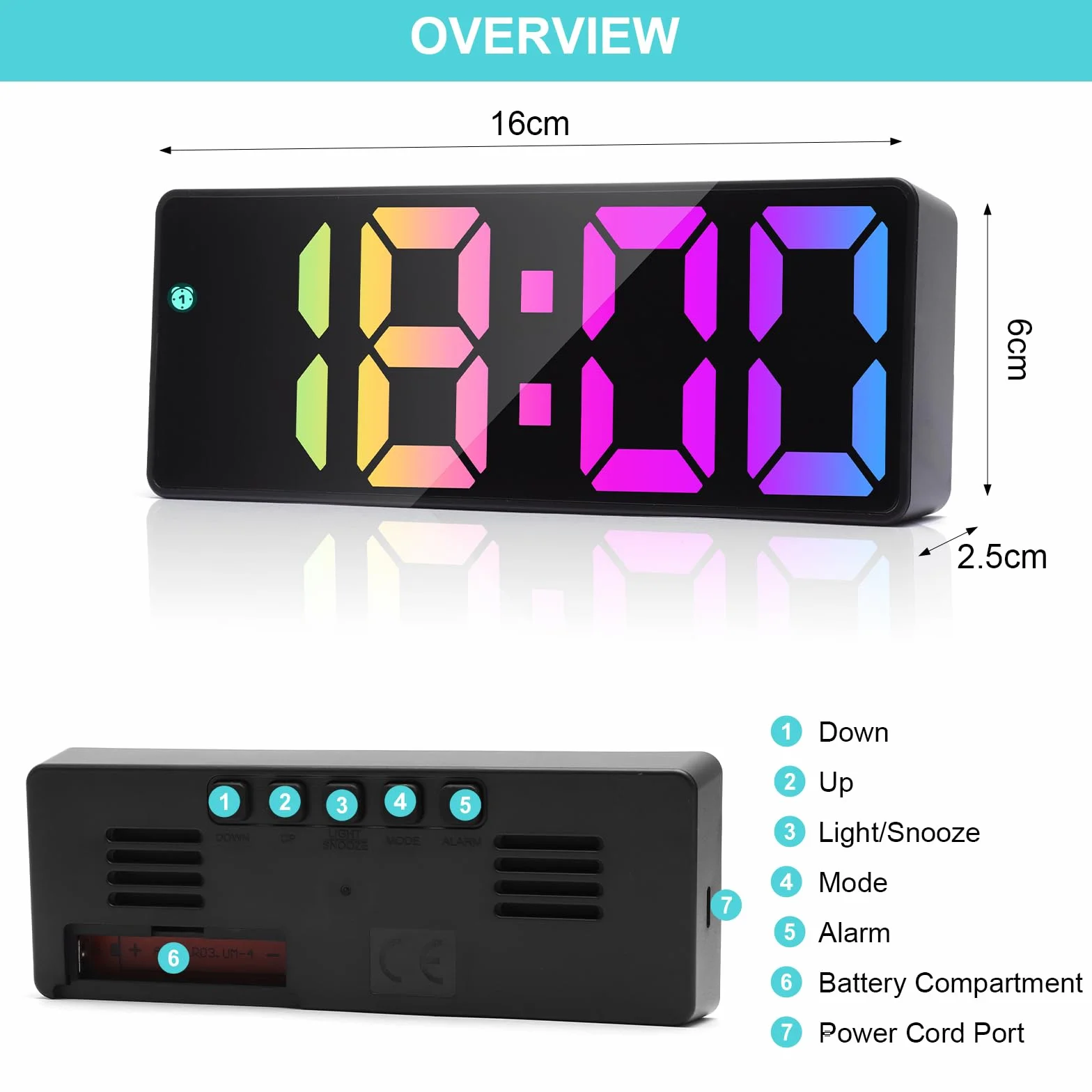 HENGBIRD LED Budzik Cyfrowy z Dużymi Cyframi, Budzik Cyfrowy z Lusterkiem z Funkcją Drzemki, Regulacja Jasności, Sterowanie Głosowe, Bateria/USB Typ-C, Nowoczesny Zegar Nocny na Stolik do Sypialni