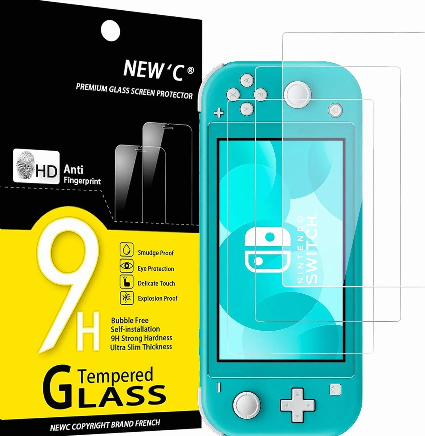NEW'C Zestaw 3 sztuk szkła hartowanego do Nintendo Switch Lite, folia ochronna ekranu, odporna na zarysowania, bez pęcherzyków powietrza, bardzo wytrzymała (0,33 mm HD Ultra przezroczysta), twardość