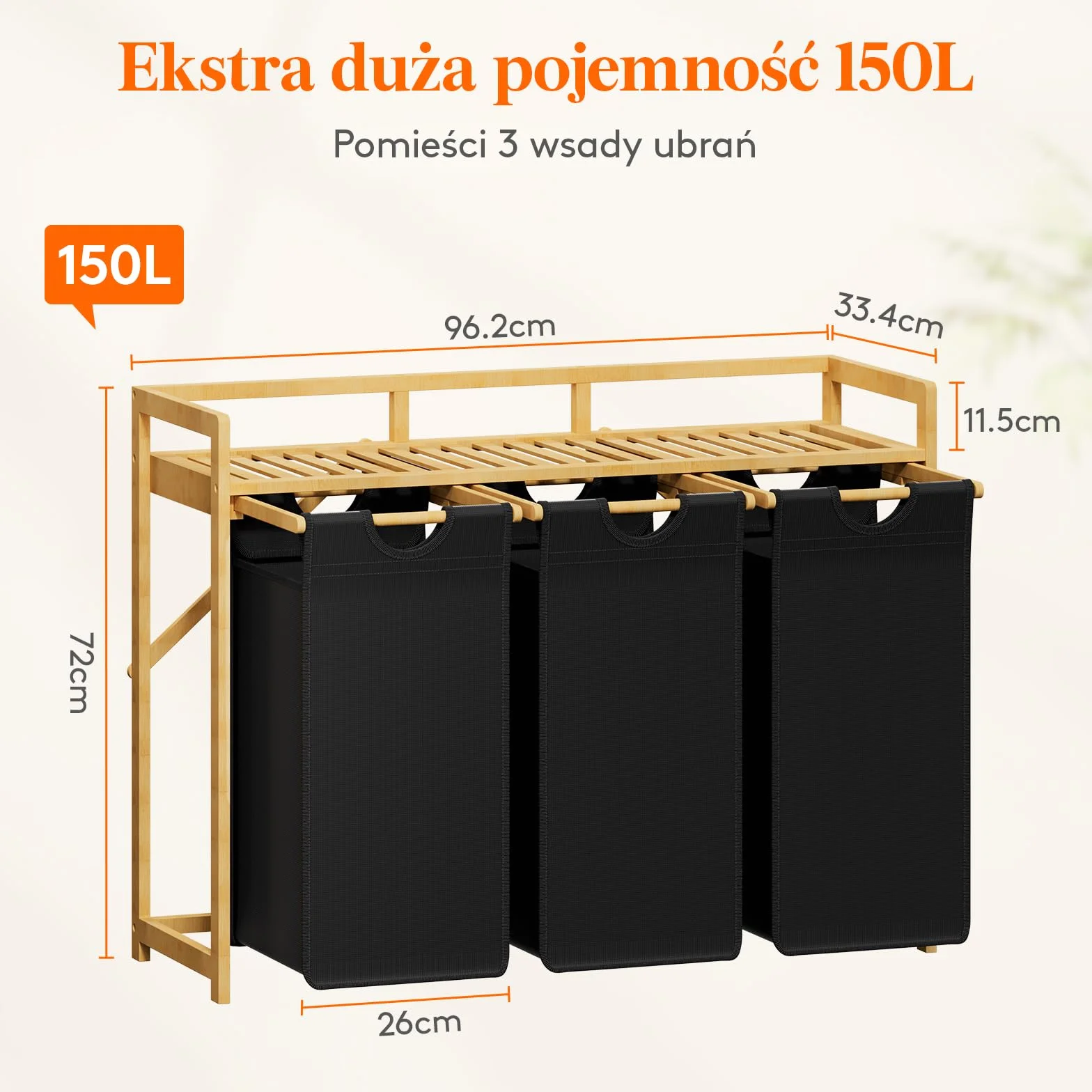 Lifewit Kosz na pranie z bambusową ramą, 150 l, z 3 przegródkami, zdejmowany pojemnik na pranie, bambusowy, 96, 2 x 33,4 x 72 cm, czarny