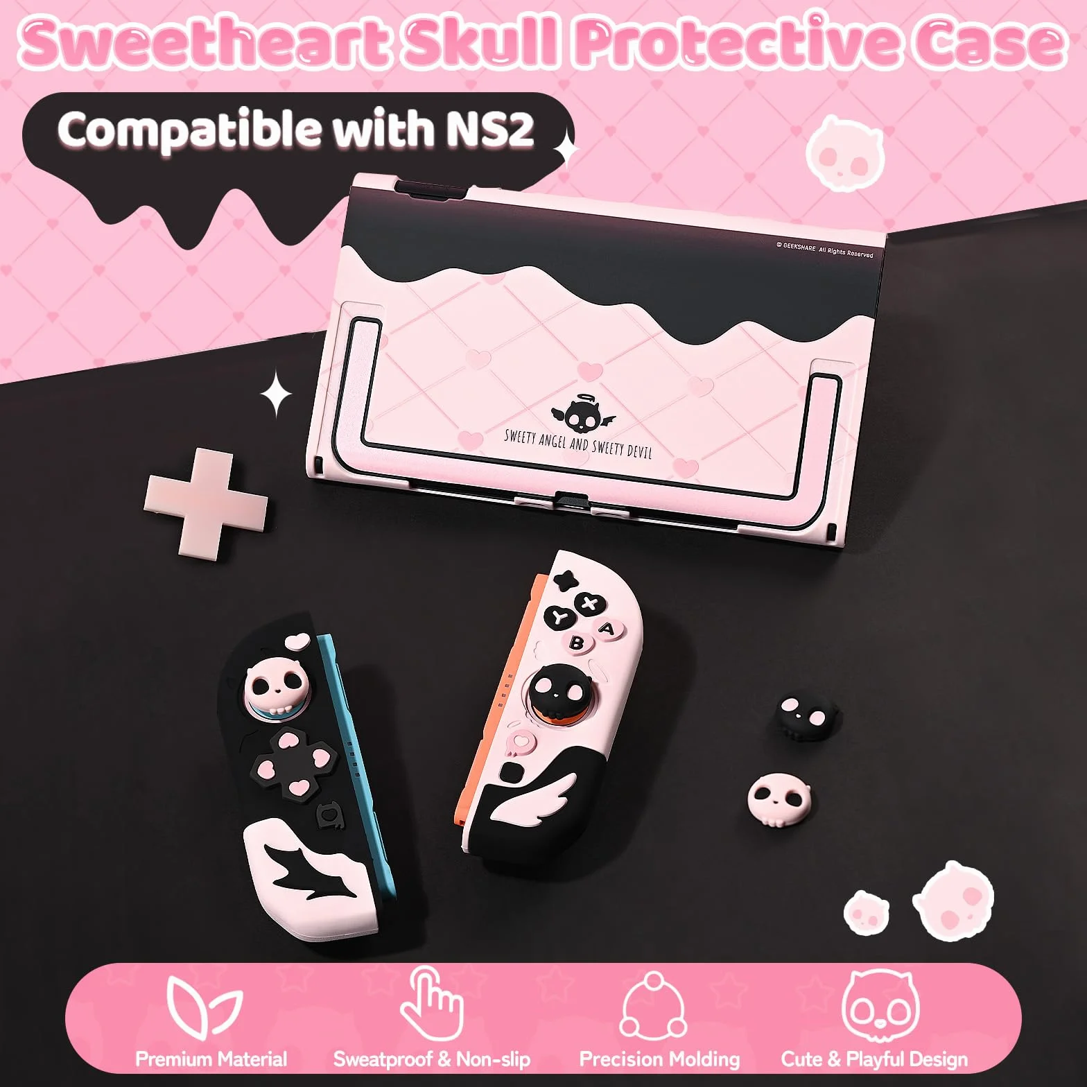 GeekShare Silikonowe etui ochronne kompatybilne z Switch 2, antyrysowate etui na Switch 2, oddzielalna miękka silikonowa osłona ochronna na joystick z 2 nakładkami na kciuki - Sweet Skull