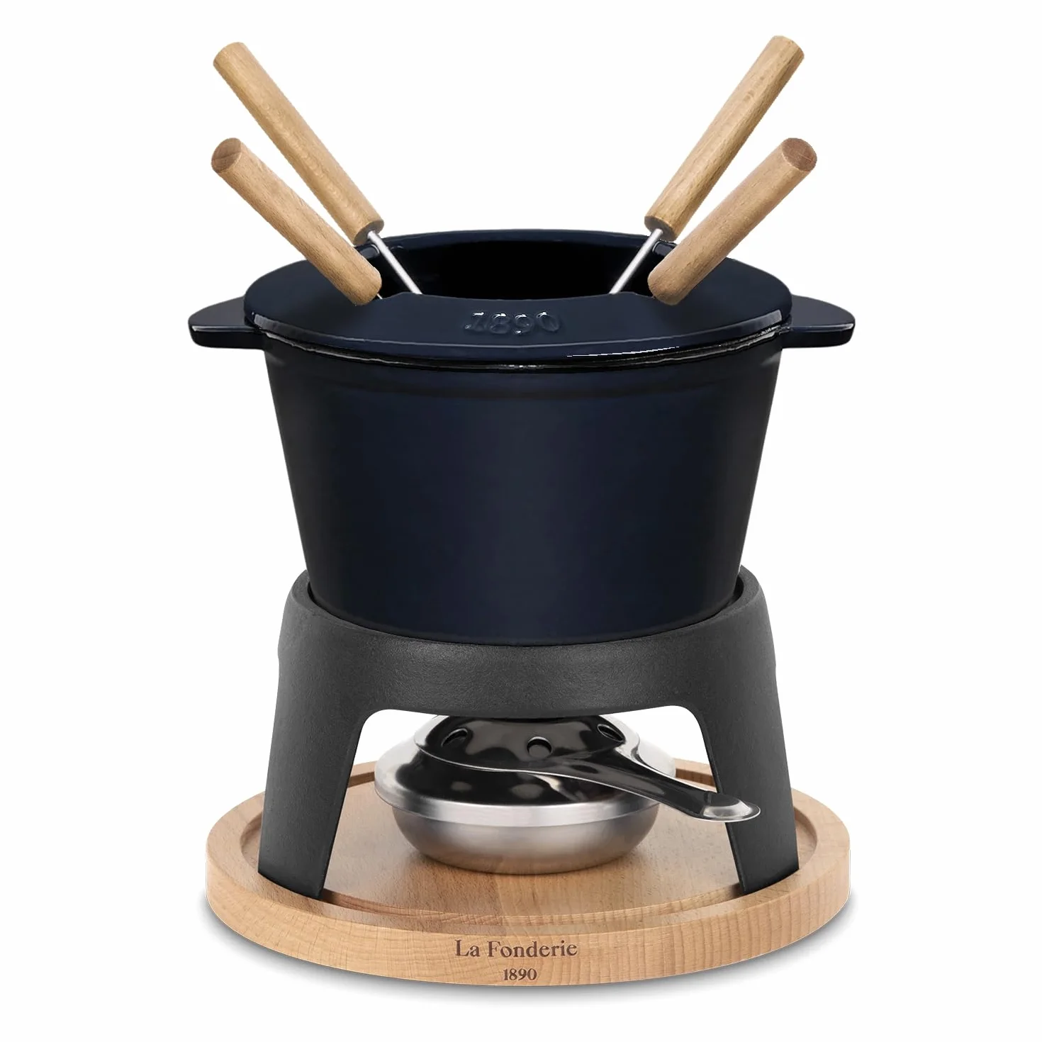 Żeliwny zestaw do fondue 4-osobowy 1,2 L z drewna bukowego