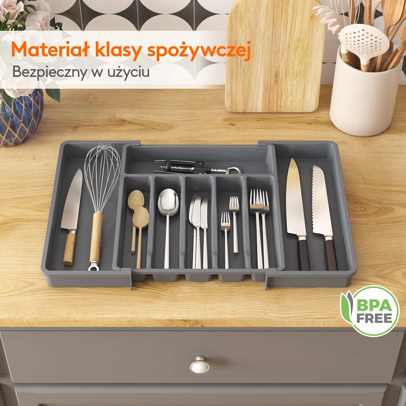 Lifewit Silverware Organizer, Rozszerzalna Taca na Przybory do Szuflady, Regulowany Uchwyt na Sztućce, Kompaktowa Plastikowa Szuflada do Przechowywania Łyżek, Widelce, Noże, Duża, Ciemnoszary