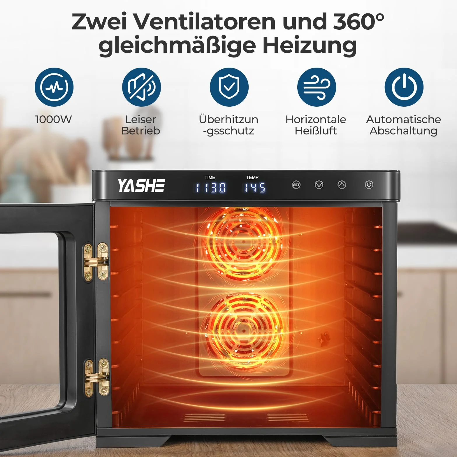 Suszarka ze stali nierdzewnej, 1000 W, urządzenie do suszenia owoców i warzyw z wyświetlaczem LED, precyzyjna regulacja temperatury (35-75°C), 48-godzinny timer, 9 misek ze stali nierdzewnej, 2 sitka