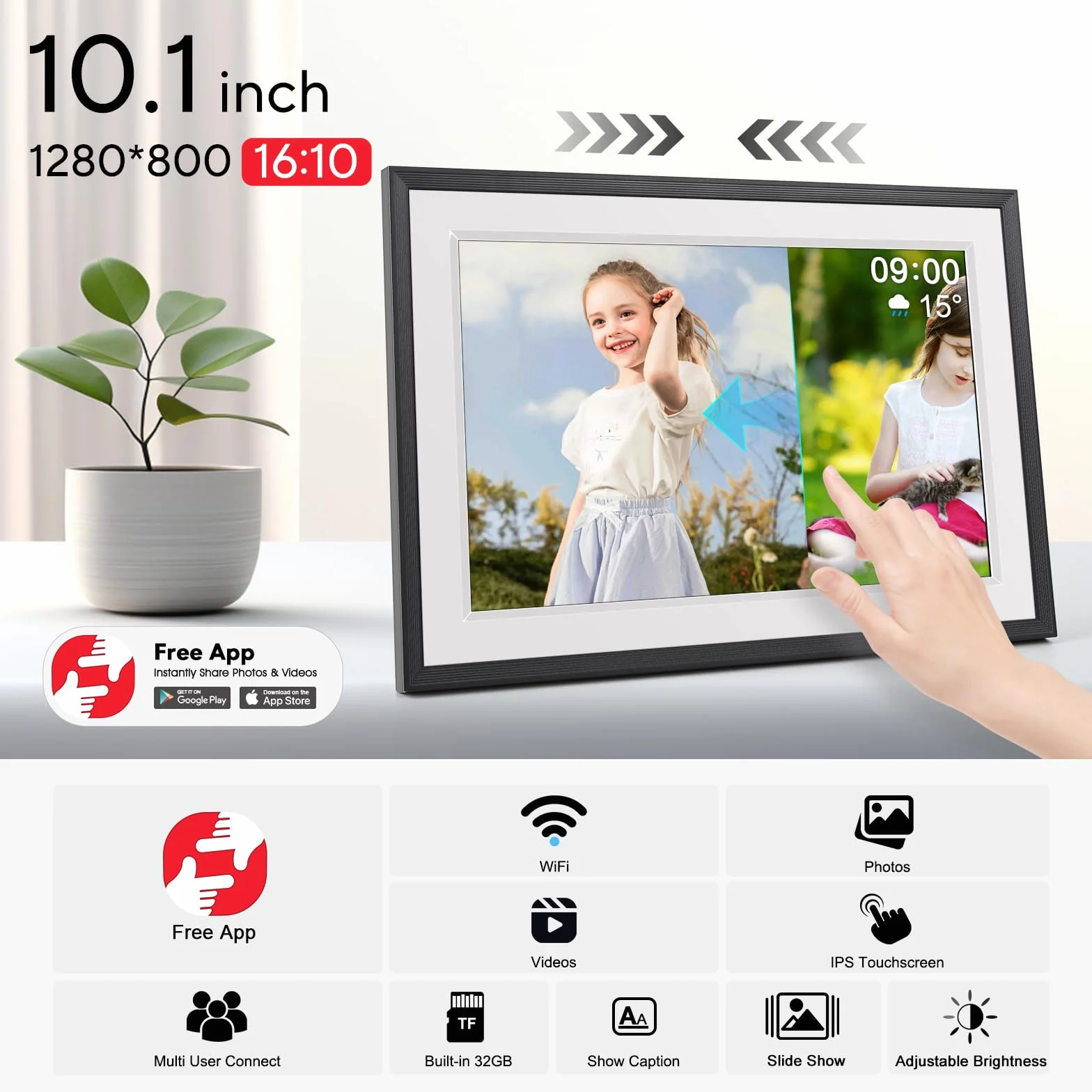Cyfrowa ramka na zdjęcia, ekran dotykowy IPS 10,1 cala, wbudowana pamięć 32 GB, automatyczna rotacja, łatwe udostępnianie zdjęć, filmów, muzyki, kalendarza, wszędzie