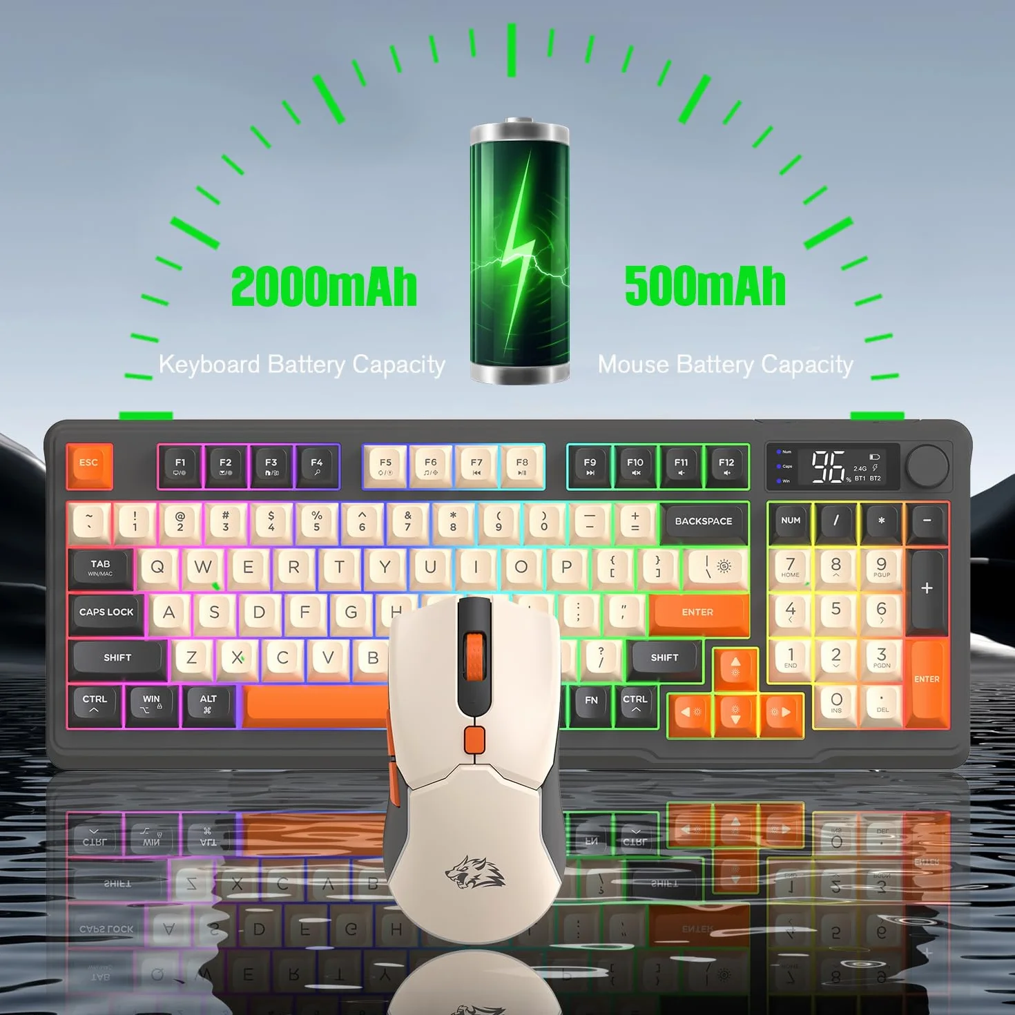 ZIYOU LANG×FREEWOLF T96 Bezprzewodowa Klawiatura i Mysz do Gier, Bluetooth/2,4 GHz, Mądry Pokaz i Pokrętło, Podświetlenie Tęcza Diodą, Klawiatura QWERTY Akumulatorem i Radiowy Komputer Myszą-Shimmer