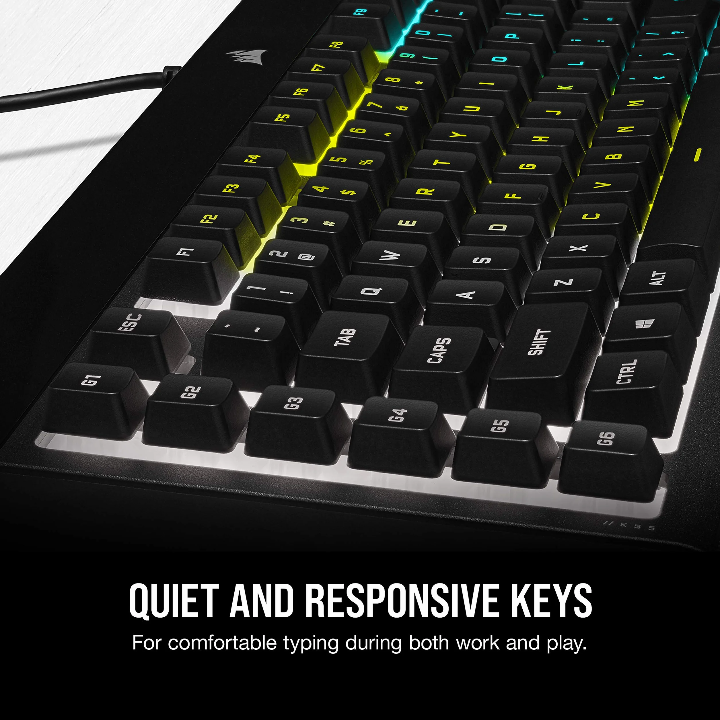 CORSAIR K55 RGB PRO przewodowa klawiatura do gier, IP42, odporna na kurz i zalanie, 6 klawiszy makro z integracją Elgato, kompatybilna z iCUE, QWERTY UK, PC, Mac, Xbox, czarna