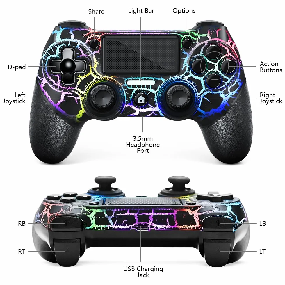 AceGamer Bezprzewodowy kontroler OLED do PS4, Black Crack Custom Design ze światłem RGB, bateria 1000 mAh, gniazdo audio 3,5 mm i funkcja Turbo, kompatybilny z PS4/Slim/Pro i Windows PC