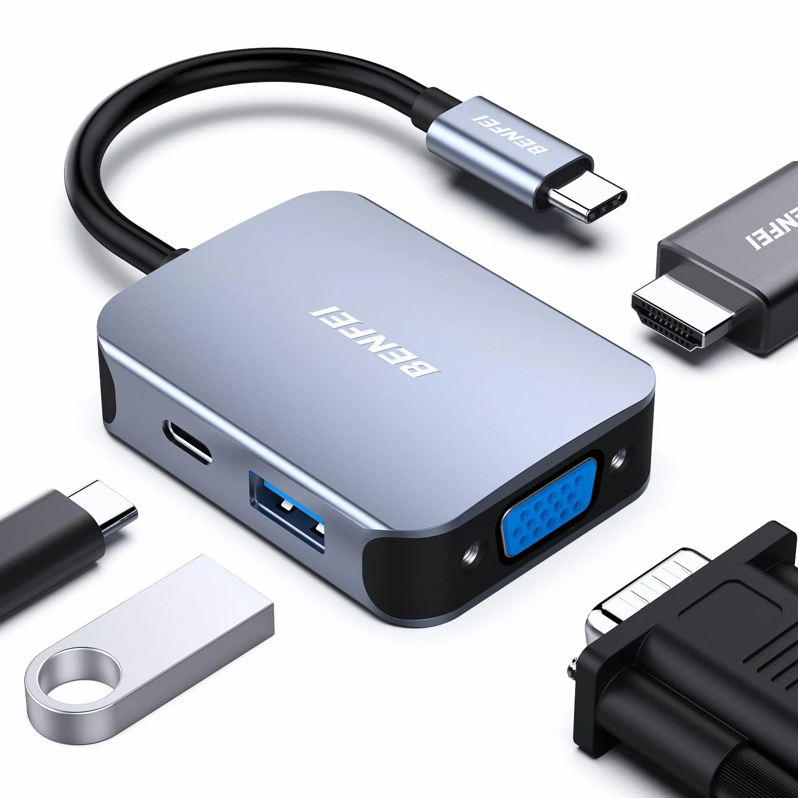 BENFEI USB C HUB 4 w 1, Adapter USB Type-C na HDMI VGA, Adapter USB C na USB, Zasilanie USB Type-C, Kompatybilny z iPhonem 15 Pro/Max, MacBookiem Pro/Air 2023, iPadem Pro, iMac, S23, XPS 17