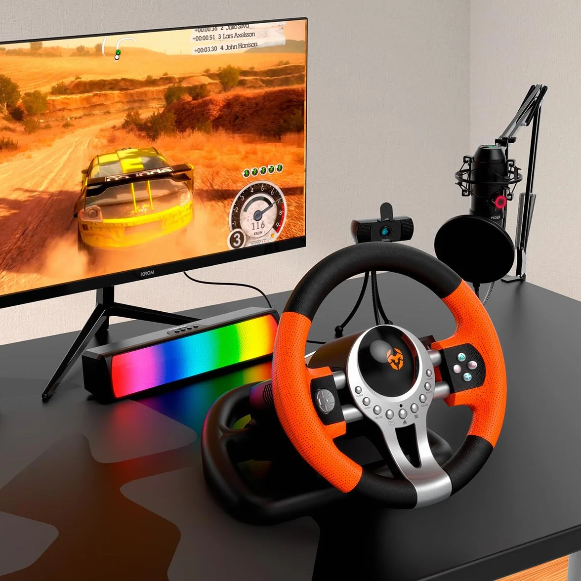 KROM K-DRIVER Wieloplatformowy zestaw kierownicy i pedałów, kompatybilny PC PS3 PS4 XBOX, czarno-pomarańczowy