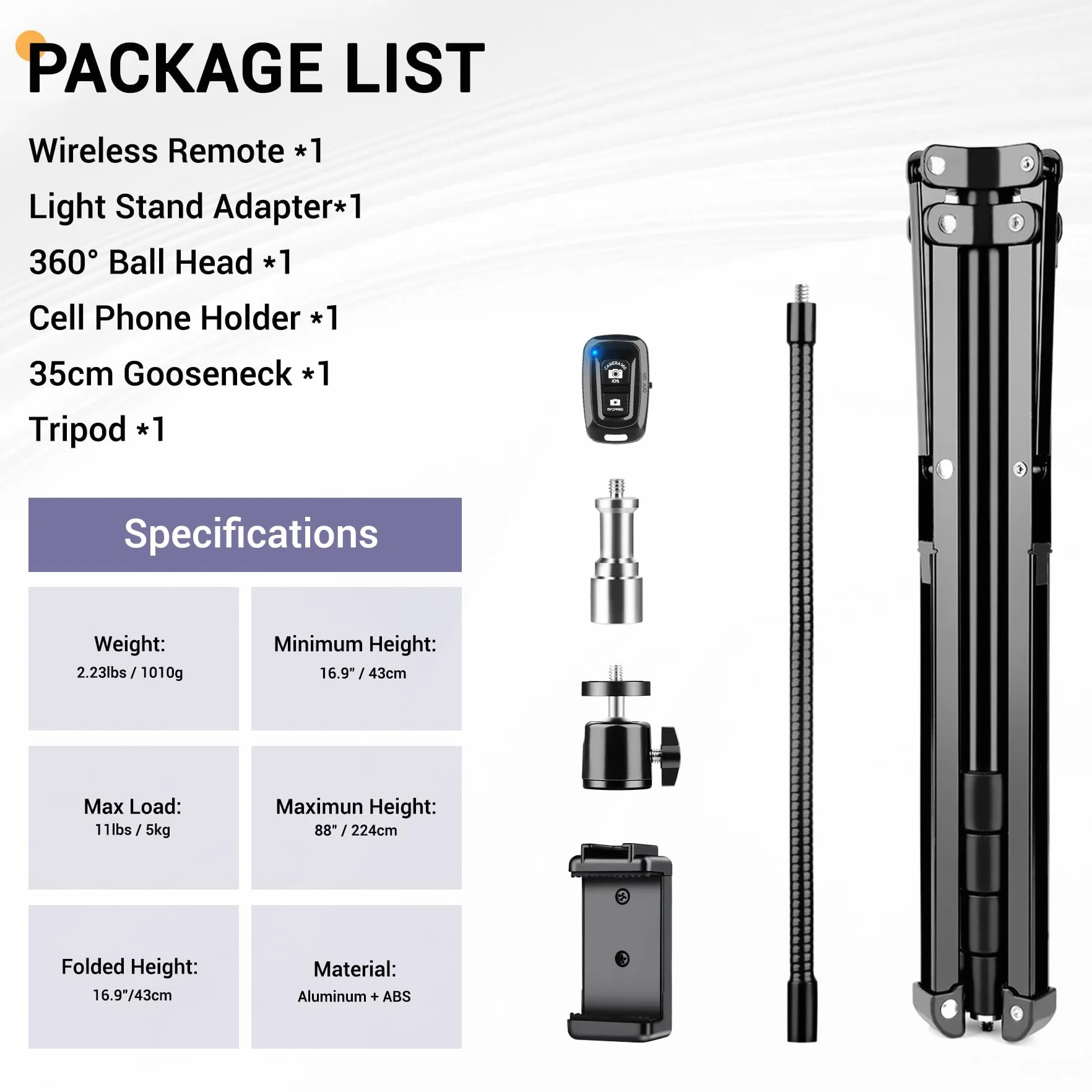 Victiv 224 cm Wysoki statyw do smartfonów, aluminiowy statyw do telefonów z regulowaną szyjką, pilotem, uchwytem telefonu, statywem aparatów fotograficznych lustrzanek cyfrowych Canon