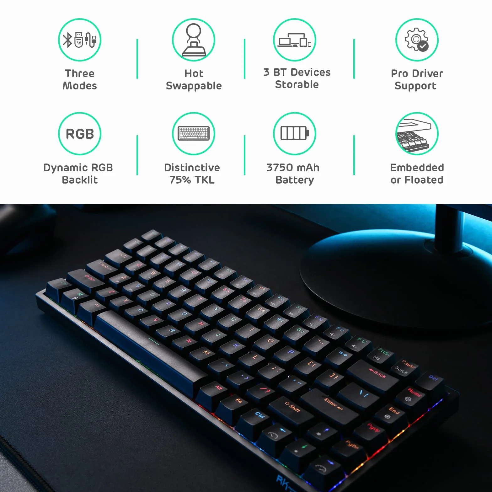 RK ROYAL KLUDGE RK84 Bezprzewodowa Bluetooth / 2,4 GHz 75% RGB, mechaniczna klawiatura do gier, trzy tryby podłączana klawiatura z przełączanym dotykowym niebieskim przełącznikiem