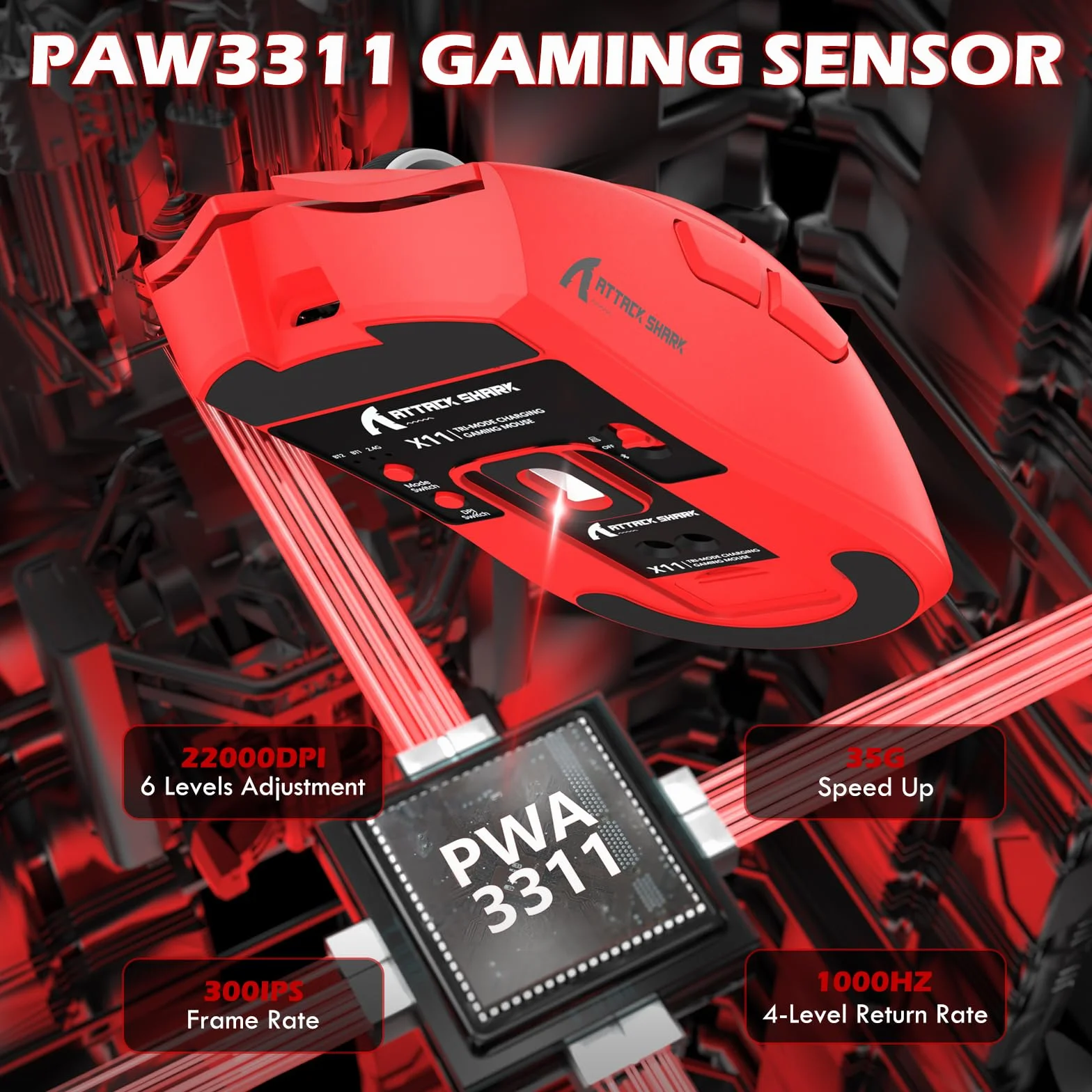 MAMBASNAKE X ATTACK SHARK X65PRO HE Szybki Trigger Klawiatura z X11 Gaming Myszka Komplet, Magnetyczny Przełącznik, Dokładność RT 0.01mm 8 kHz, BT/2.4G/USB-C, Magnetyczna Stacja Ładowania - Czerwony