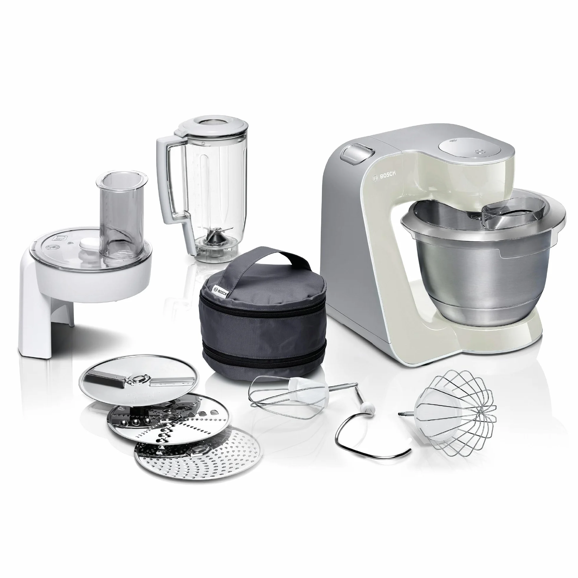 Bosch MUM5 wielofunkcyjny robot kuchenny, 1000W, maszynka do krojenia i ubijania, mikser planetarny, hak do ciasta, rozdrabniacz do owoców i warzyw, misa 3,9l, kolor szary, srebrny, MUM58L20