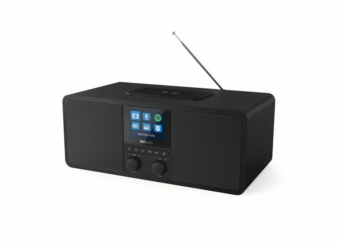Philips Audio Radio internetowe R8805/10 DAB+ radio ze złączem Spotify (Bluetooth, minutnik snu, podwójny alarm, podkładka ładująca Qi do telefonu komórkowego, USB) czarny