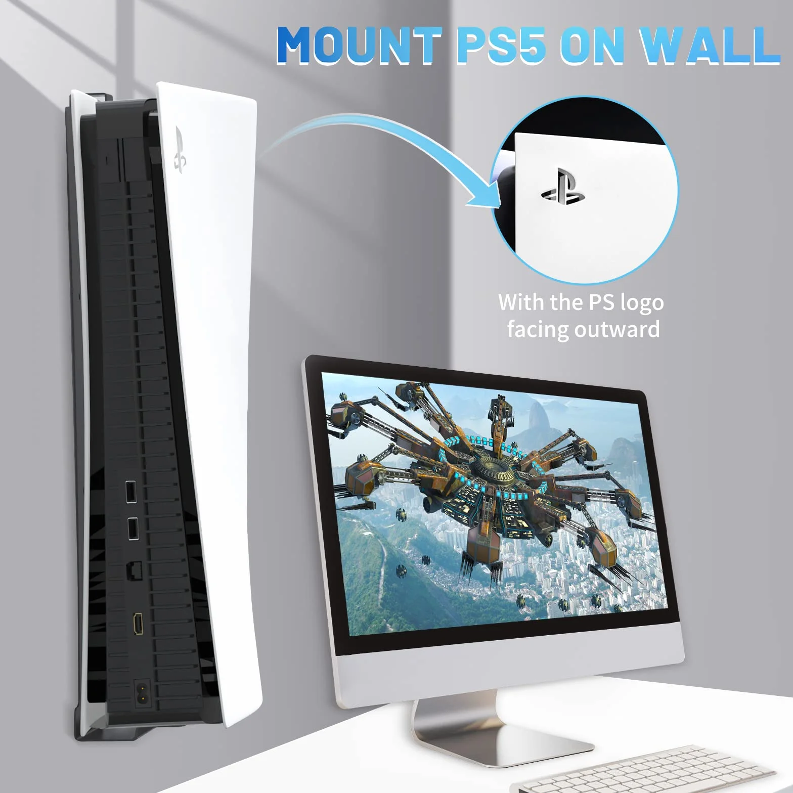 uchwyt ścienny PS5, uchwyt ścienny, zestaw do Playstation 5 (płyta i wyjście cyfrowe) stabilny stalowy stojak ścienny, uchwyt na konsolę PS5 z uchwytem na kontroler, wieszak na słuchawki, śruby, gąbka
