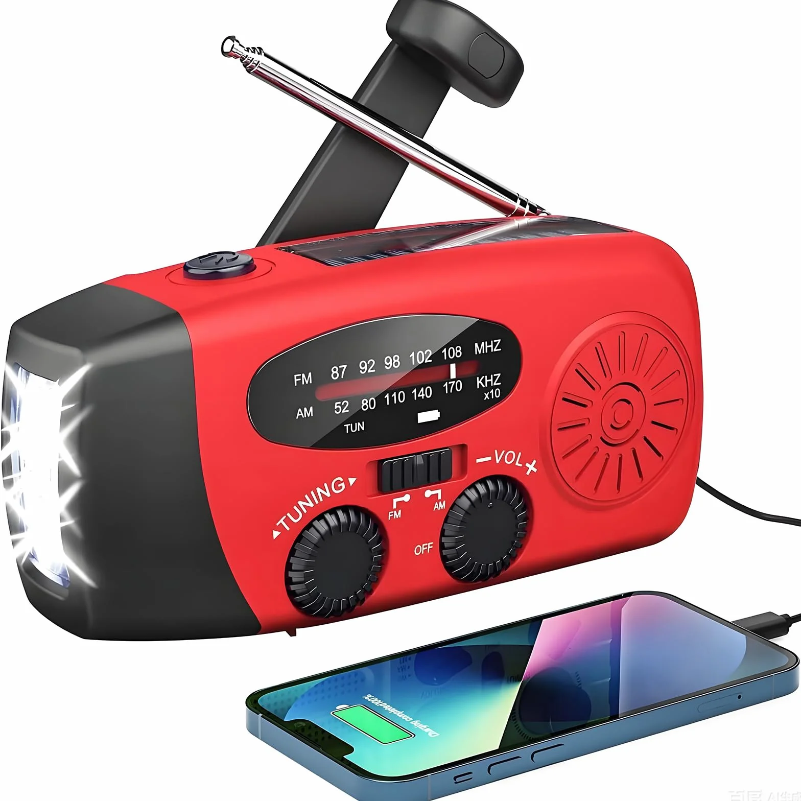 Awaryjne radio solarne, samodzielne radio korbowe z latarką LED, alarm SOS, AM/FM, radio z akumulatorem 2000 mAh, do awaryjnego ładowania smartfona