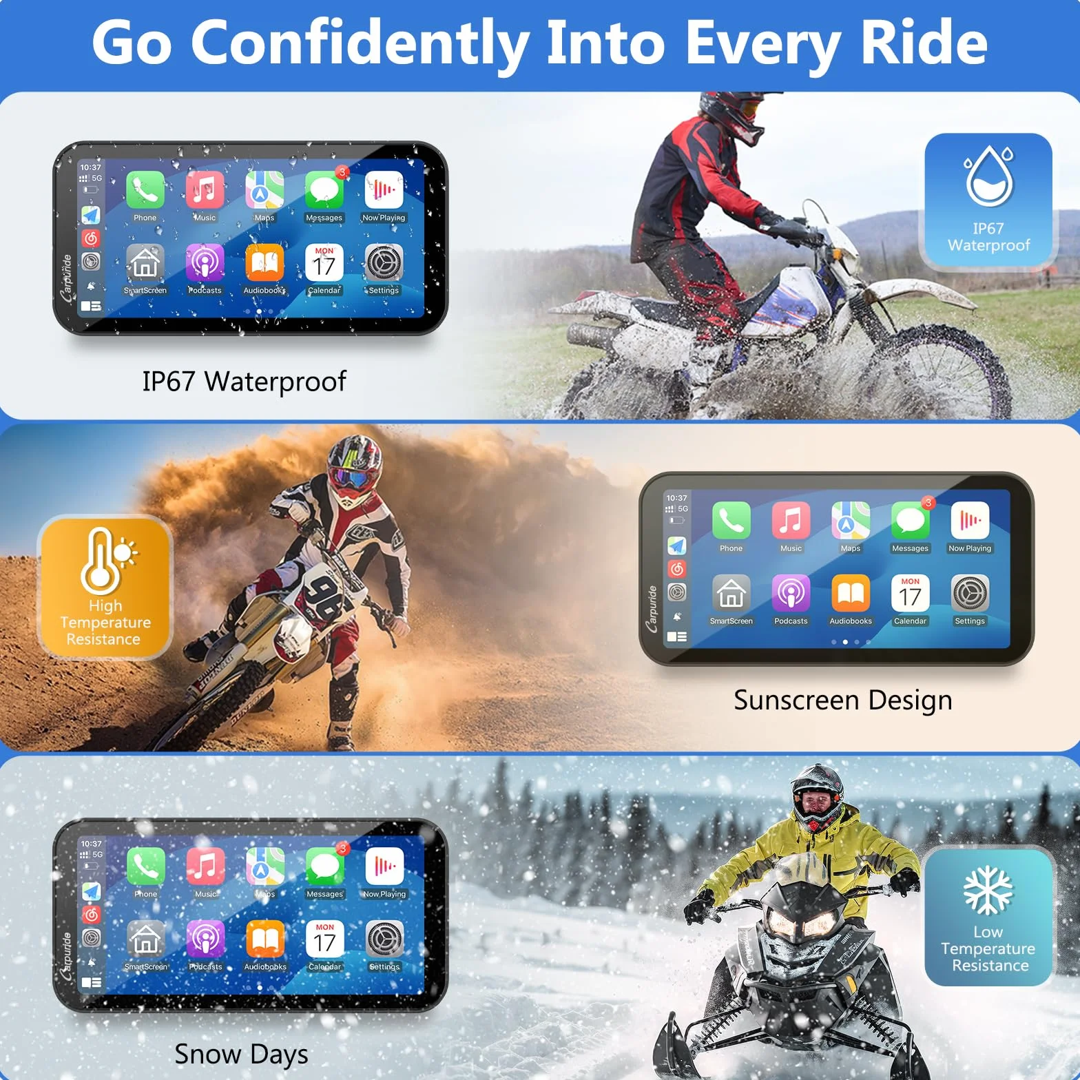 Carpuride W603D Motorcycle GPS Carplay Screen, Wireless CarPlay & Android Auto for Moto, z podwójnymi kamerami HD 1080P, pilotem, 6,3-calowym wodoodpornym ekranem dotykowym, nawigacja