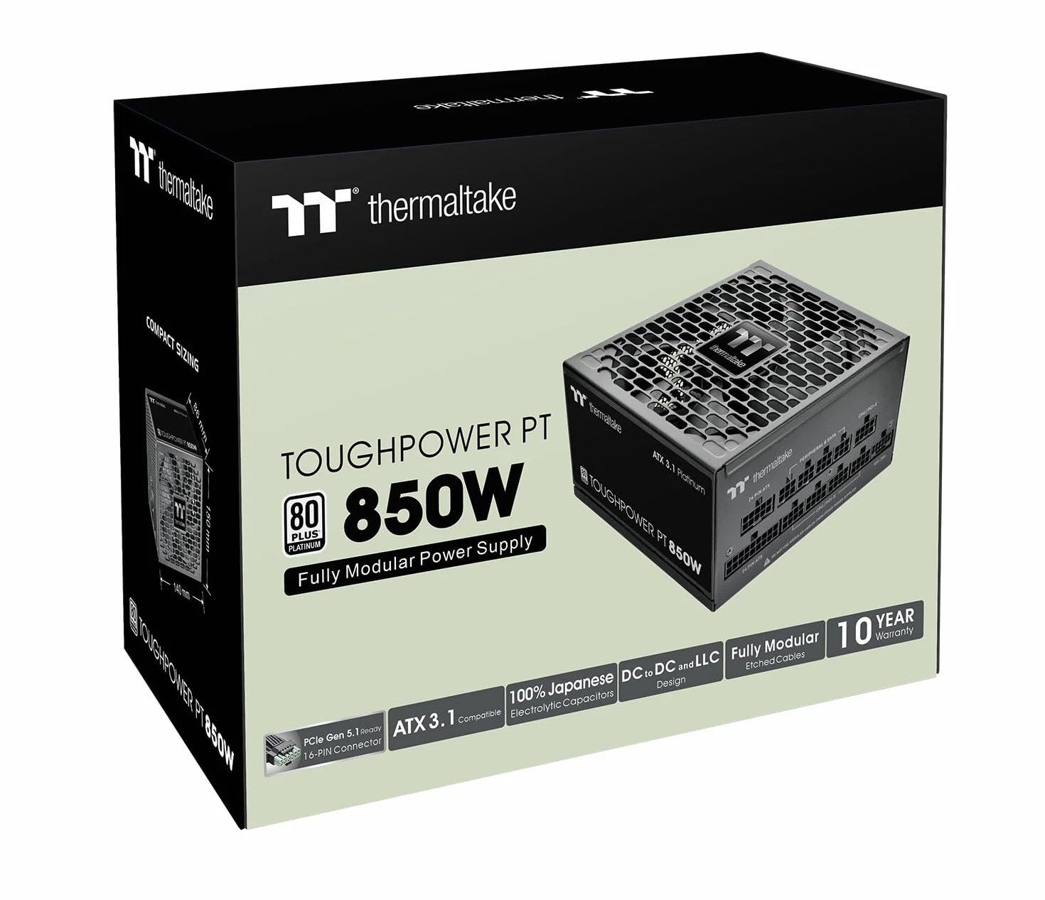 Thermaltake Toughpower PT 850W | ATX 3.1 | PCIe 5.1 12+4-Pin-Anschluss| geräuscharmer 135mm-Lüfter | Low Profile Kabel | 80Plus Platin | Modulares Netzteil | Black