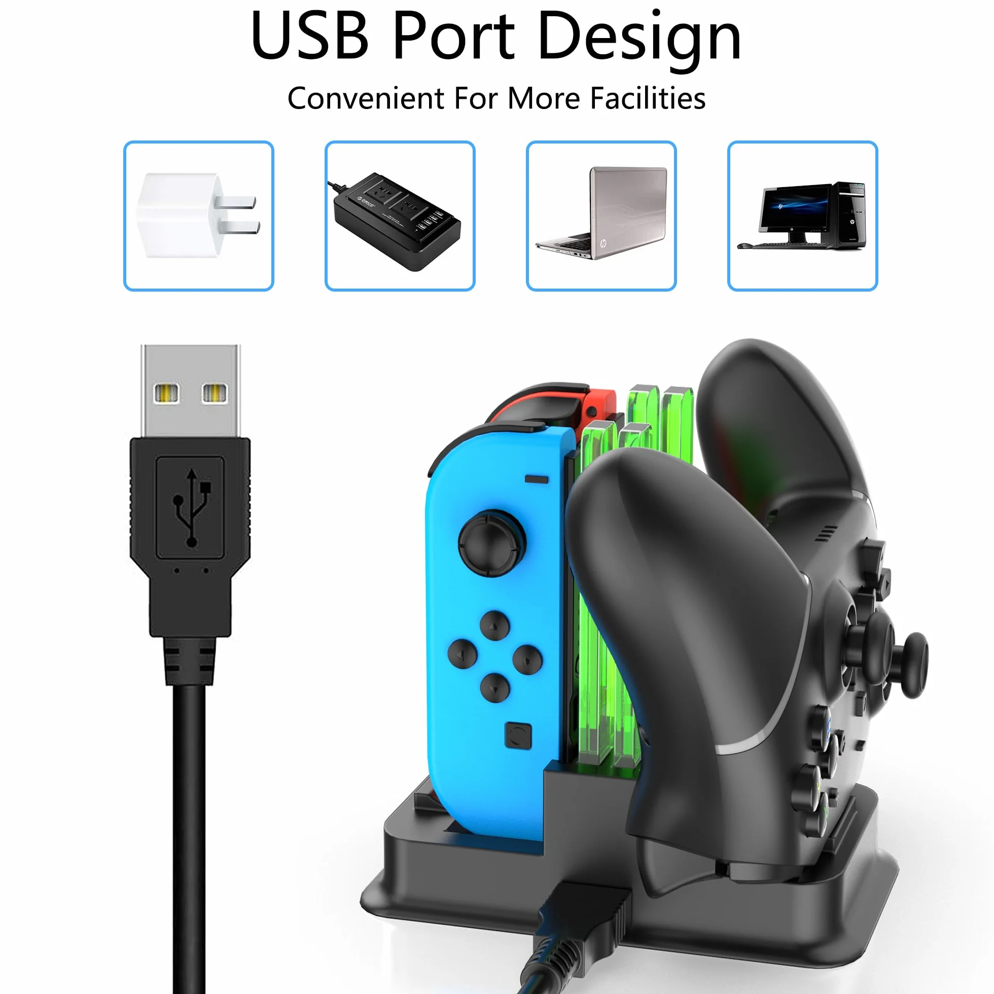 RREAKA Charging Dock for Nintendo Switch Joy Con Charger with LED Light Bar, Switch OLED Joycon Charging Stand - Black