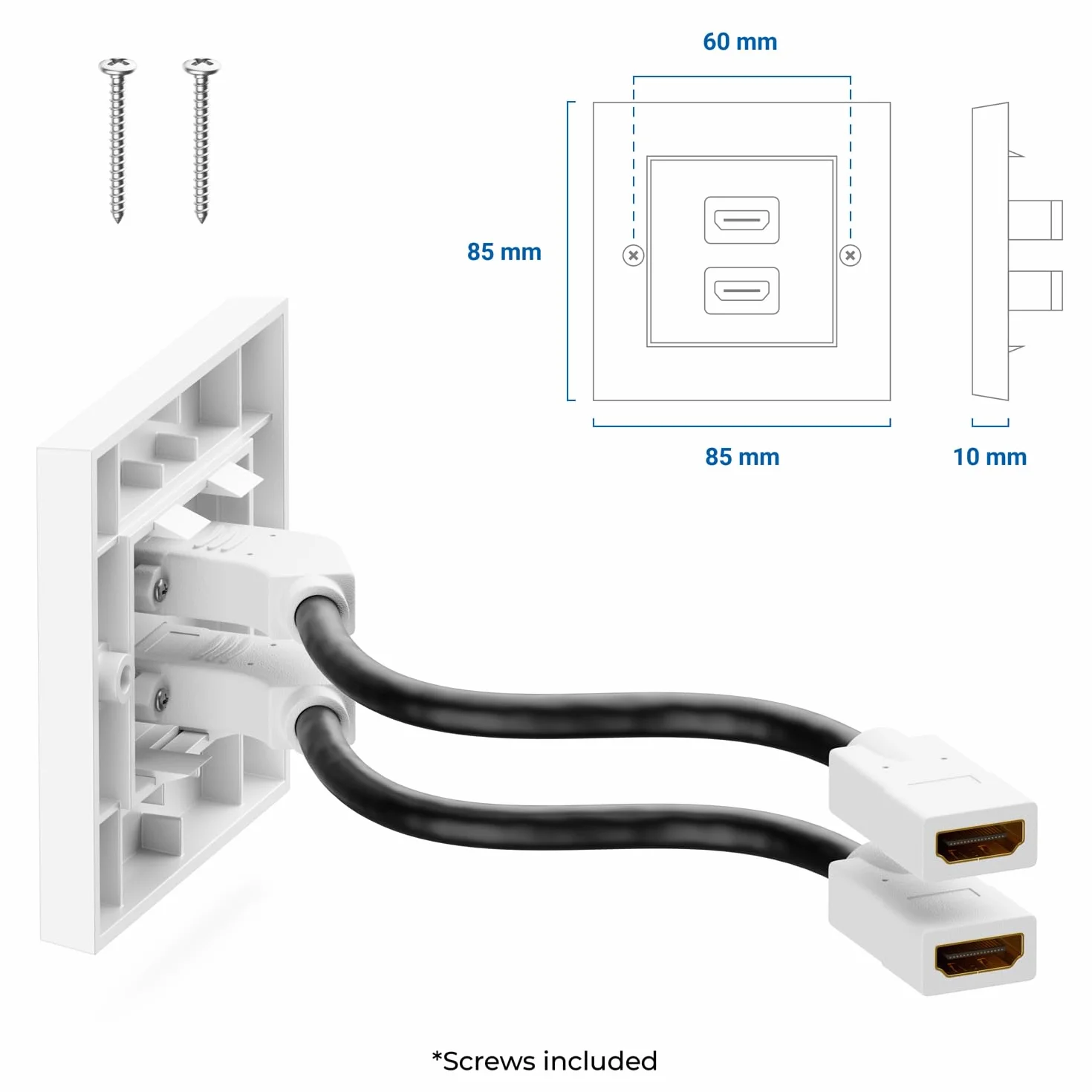 deleyCON Gniazdo HDMI Gniazdo Ścienne Gniazdo Połączeniowe - 2x Port HDMI - Montaż Natynkowy Kabel 15 cm pod Kątem 45° - 3D FULL HD HDTV 4K 2160p