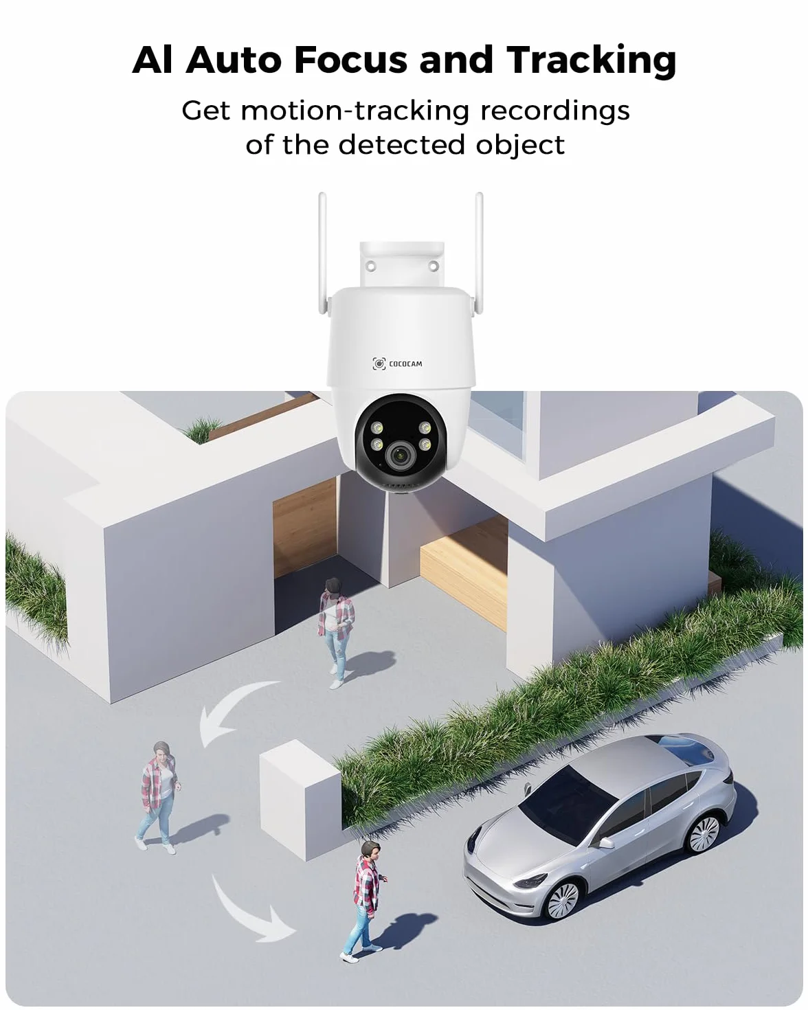 Kamera bezpieczeństwa COCOCAM 24/7 z nagrywaniem AOV WiFi, zewnętrzna, bezprzewodowa, z baterią 10000 mAh, panelem słonecznym 8 W, 2K PTZ, 30-metrowym widzeniem nocnym, wykrywaniem AI, śledzeniem AI,