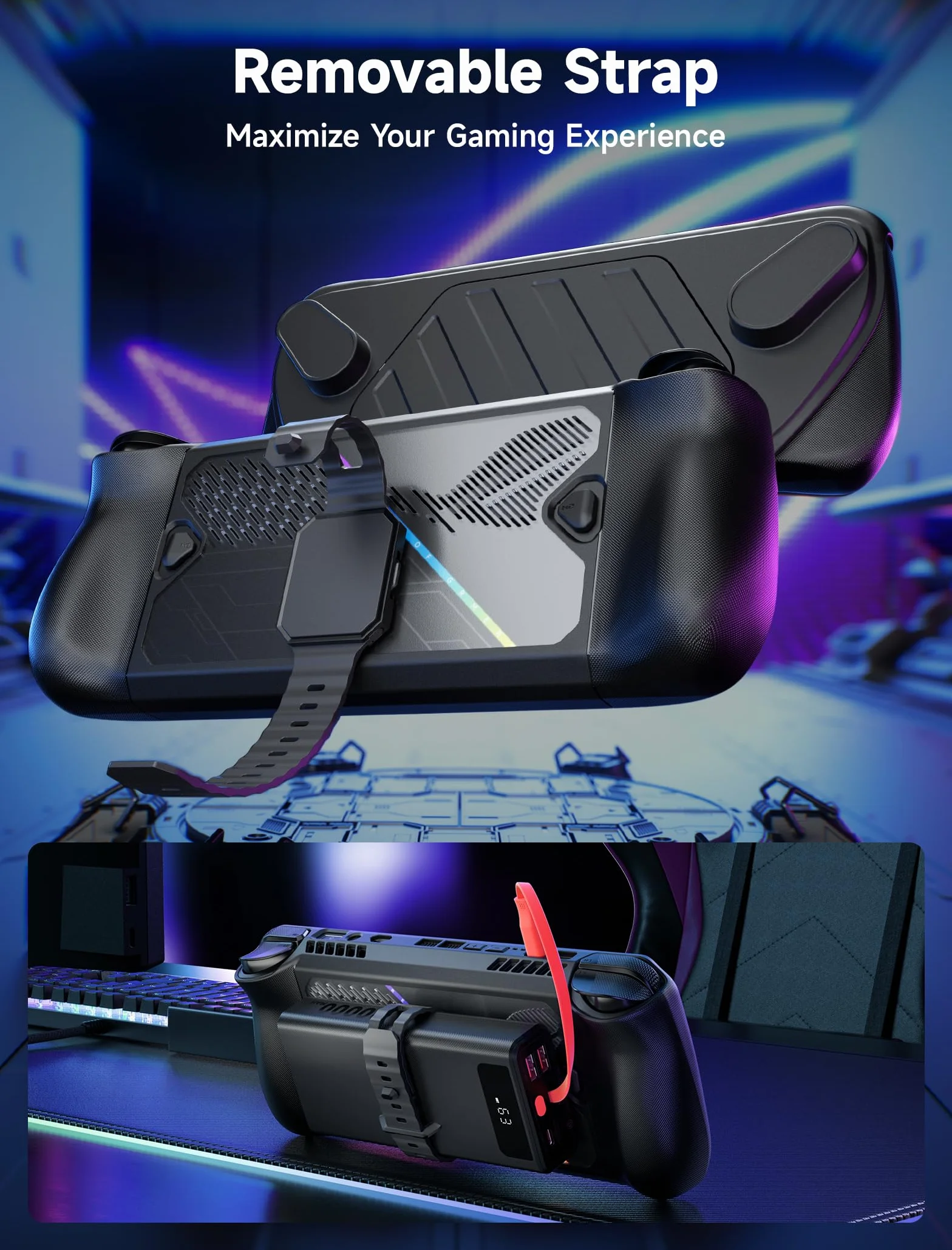 JSAUX ModCase do ROG Ally X odpinana przednia obudowa etui ochronne metalowy uchwyt pasek PowerBank kompatybilne ASUS ROG Ally X zestaw podstawowy czarne