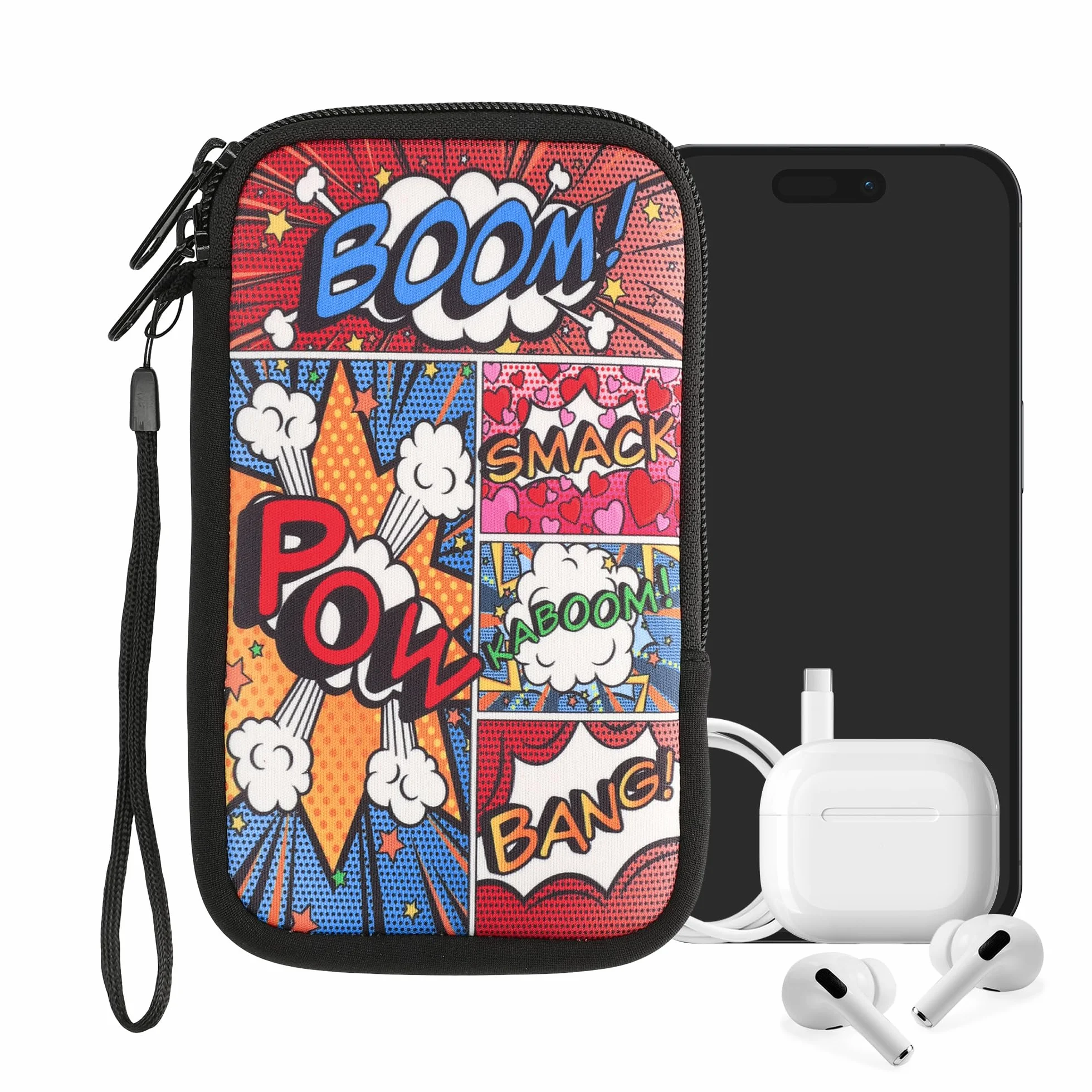 kwmobile Neoprenowy rękaw na smartfon rozmiar L - 16.5 cm - etui amortyzujące wstrząsy - ochronna torba na telefon - symbole komiksów wielokolorowe