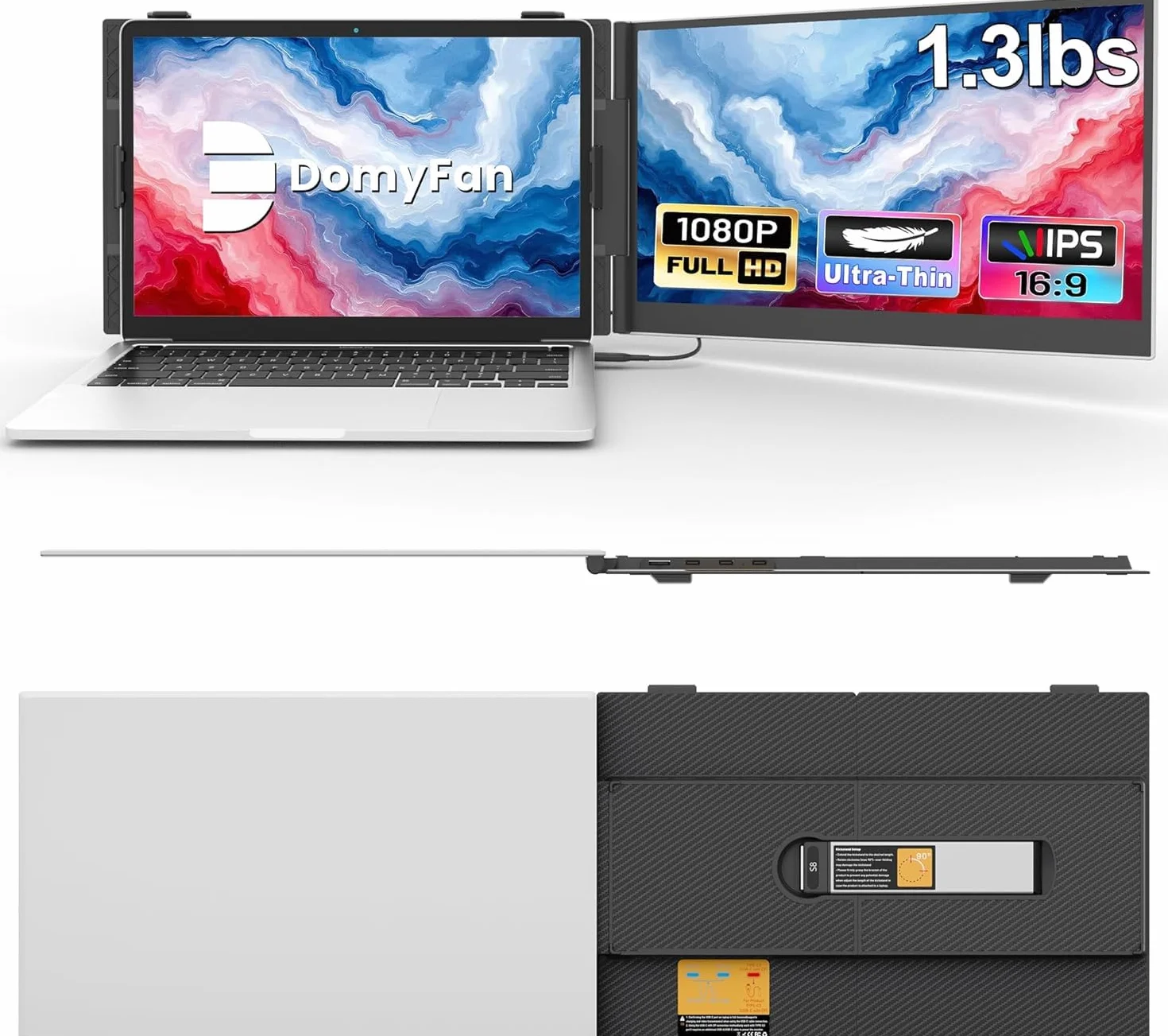 domyfan Przedłużacz ekranu do laptopa, ultralekki 600 g, podwójny przedłużacz monitora do laptopa, 1080p Full HD, przenośny monitor do Windowsa, Mac, PS5, Switch, Plug & Play, współpracuje z laptopami