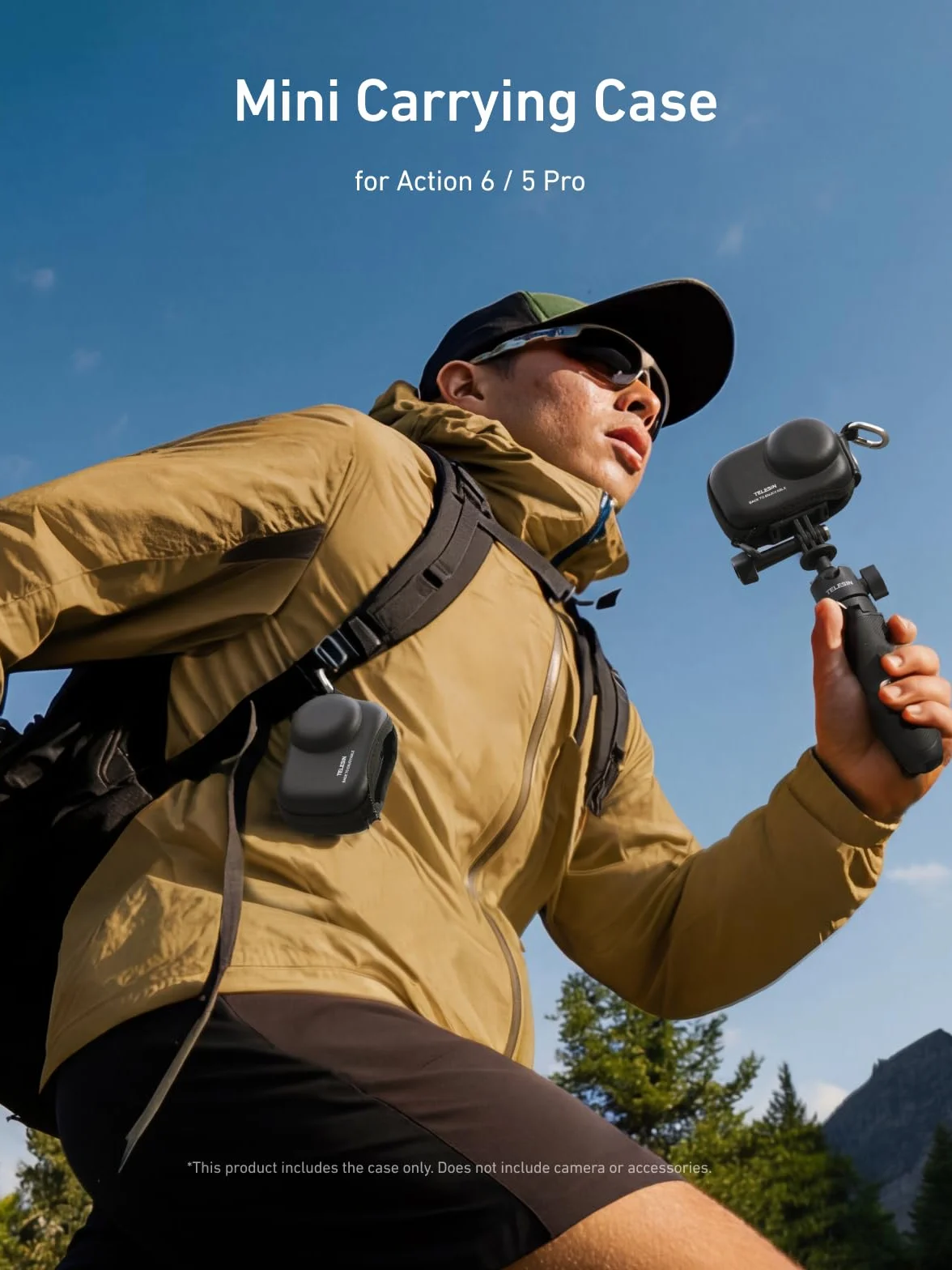 TELESIN Mini etui ochronne do DJI Osmo Action 6/5 Pro/4/3, wodoszczelne twarde etui z tworzywa EVA z karabińczykiem i otworem na dno, do kijków do selfie / statywu, akcesoria (czarne)