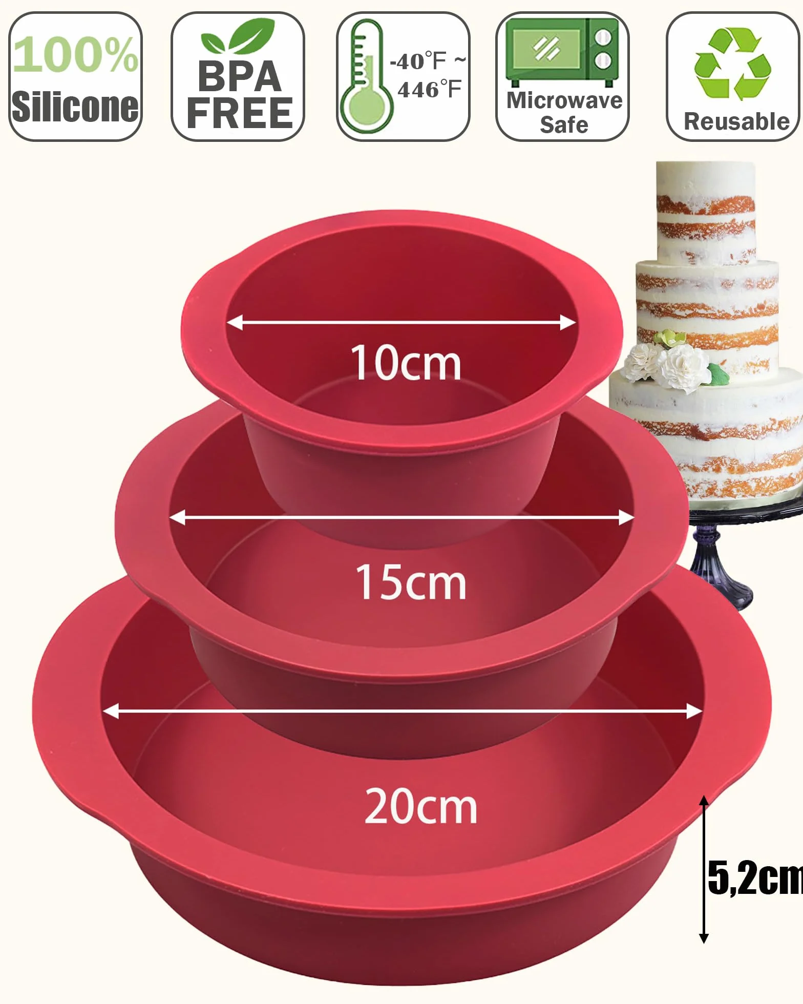 Zestaw 3-częściowy silikonowych form do pieczenia 10+15+20 cm nieprzywierający BPA