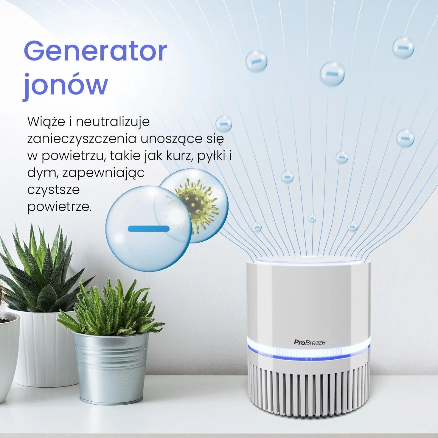 Pro Breeze Mały Oczyszczacz Powietrza na Biurko, z Filtrem HEPA Jonizatorem, Generator Jonów Ujemnych, Lampa Nocna LED, Usuwa do 99,97% Zanieczyszczeń Pyłków Dymu Kurzu, dla Alergików Palaczy