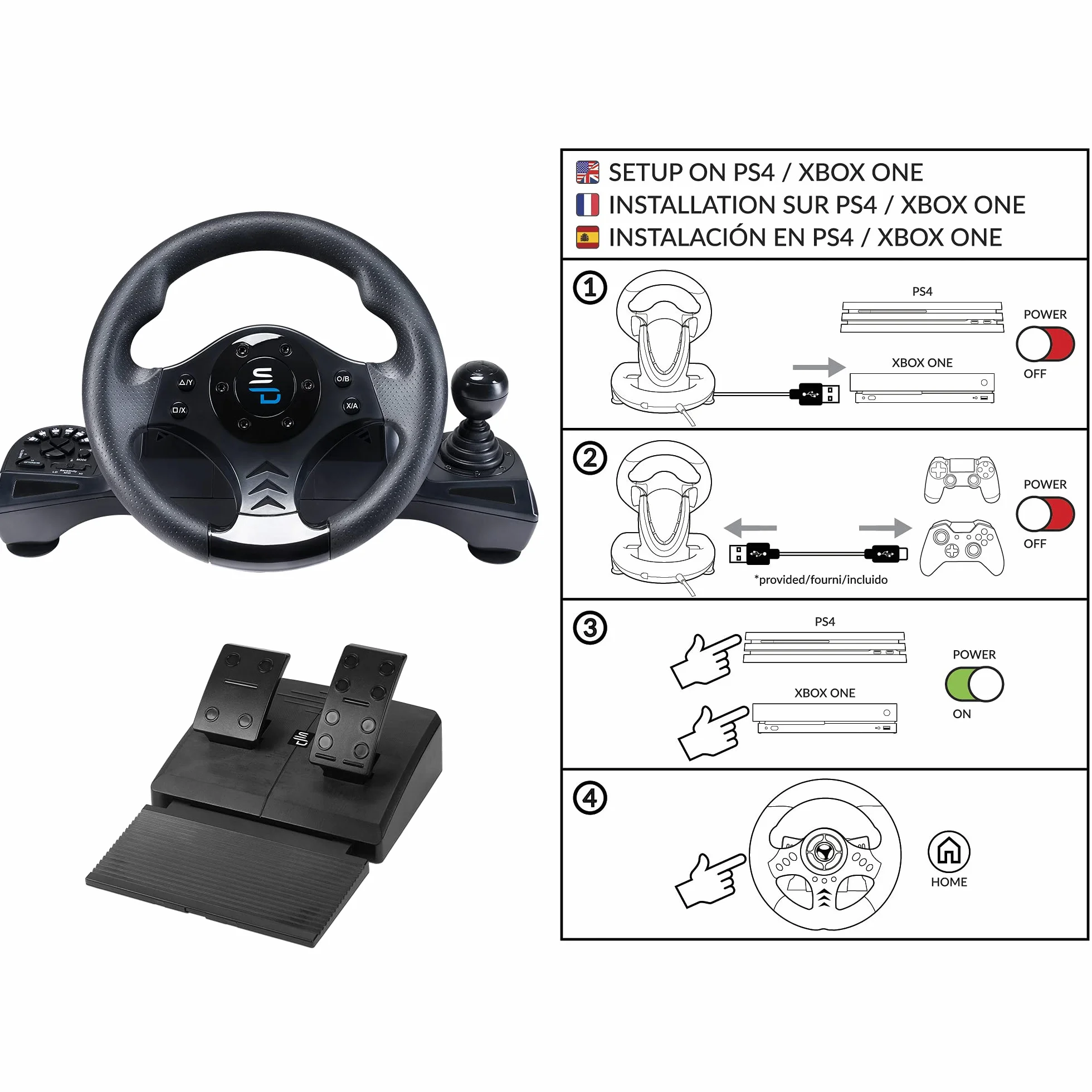 SUBSONIC Superdrive – kierownica wyścigowa GS750 Drive Pro z pedałami, wiosłami, dźwignią zmiany biegów i wibracjami do Xbox serii X/S, PS4, Xbox One, PC (programowalna do wszystkich gier)