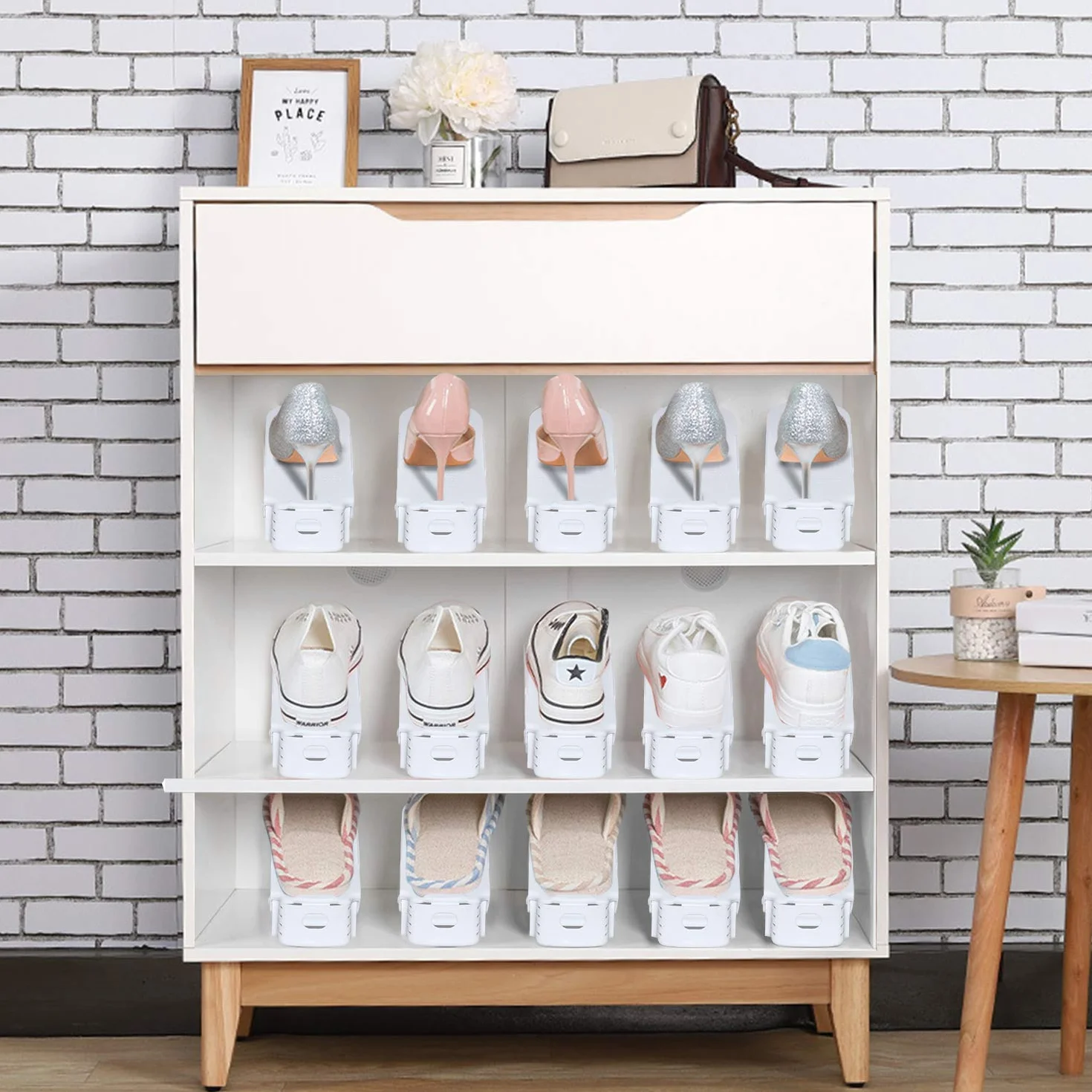 UISEBRT Regulowane stojaki na buty Zestaw 10 sztuk Biały Organizer na buty 3-poziomowa regulacja Antypoślizgowy