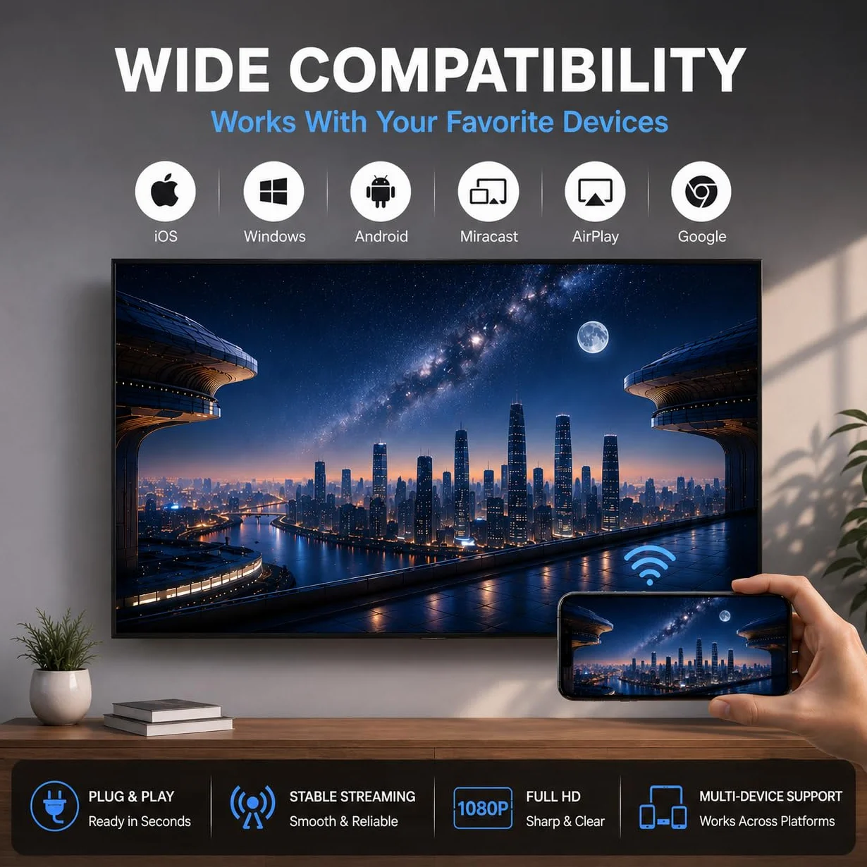 Lustro TV EZCast 2, bezprzewodowy odbiornik Wi-Fi, kompatybilny z WiFi 2,4/5 GHz, kompatybilny z Androidem, iOS, Windows, MacOS, DLNA, Miracast, Airplay
