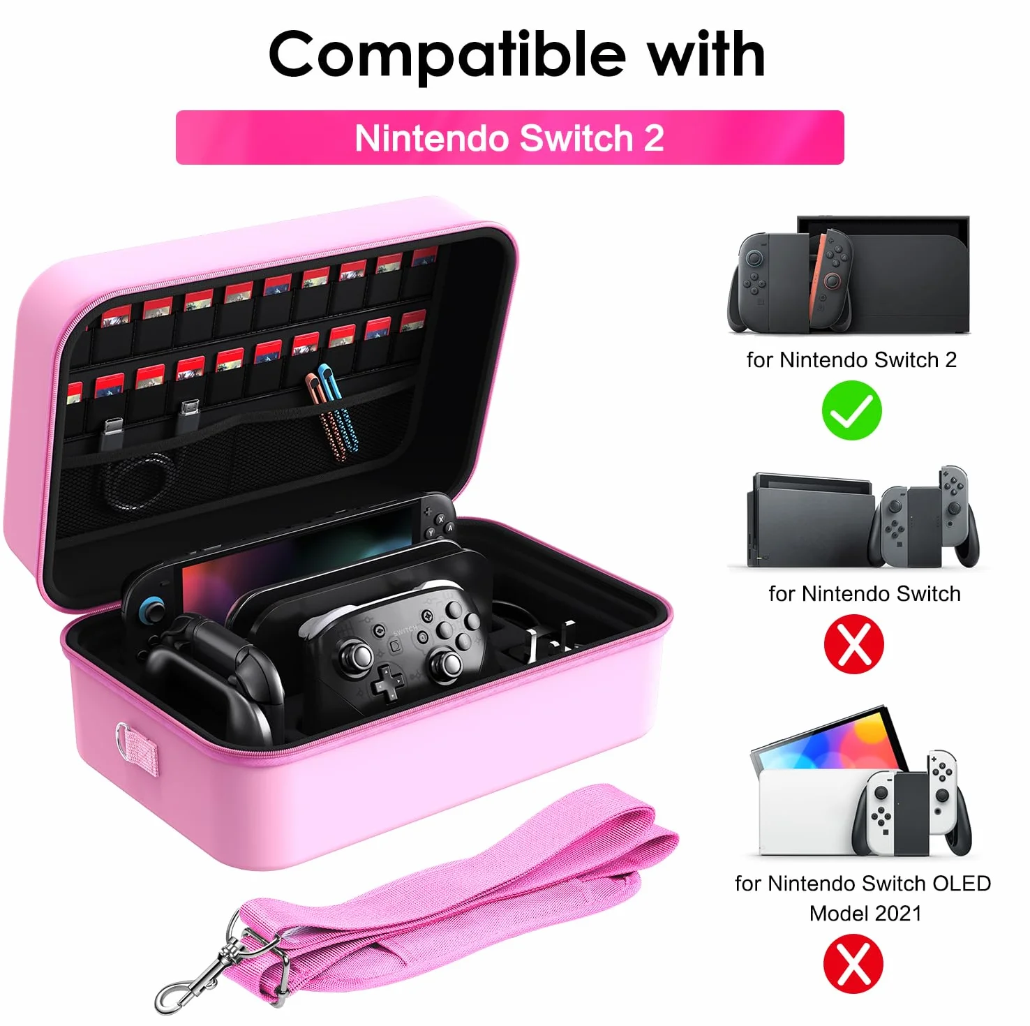 ivoler torba Kompatybilna z Nintendo Switch 2 Model 2025, Deluxe Twarda torba na przenoszenie, ochronna, przenośna osłona, etui ochronne na konsolę Switch 2, i inne akcesoria-różowy