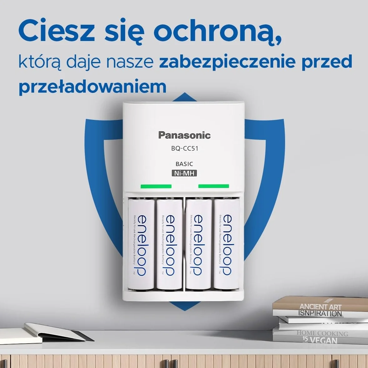 Panasonic eneloop BQ-CC51Cic eneloop Basic do 2 lub 4 akumulatorów AA/AAA Ni-MH z 2 wskaźnikami LED i 6 funkcjami bezpieczeństwa, w zestawie z 4 akumulatorami eneloop AAA/Micro, min. 800 mAh