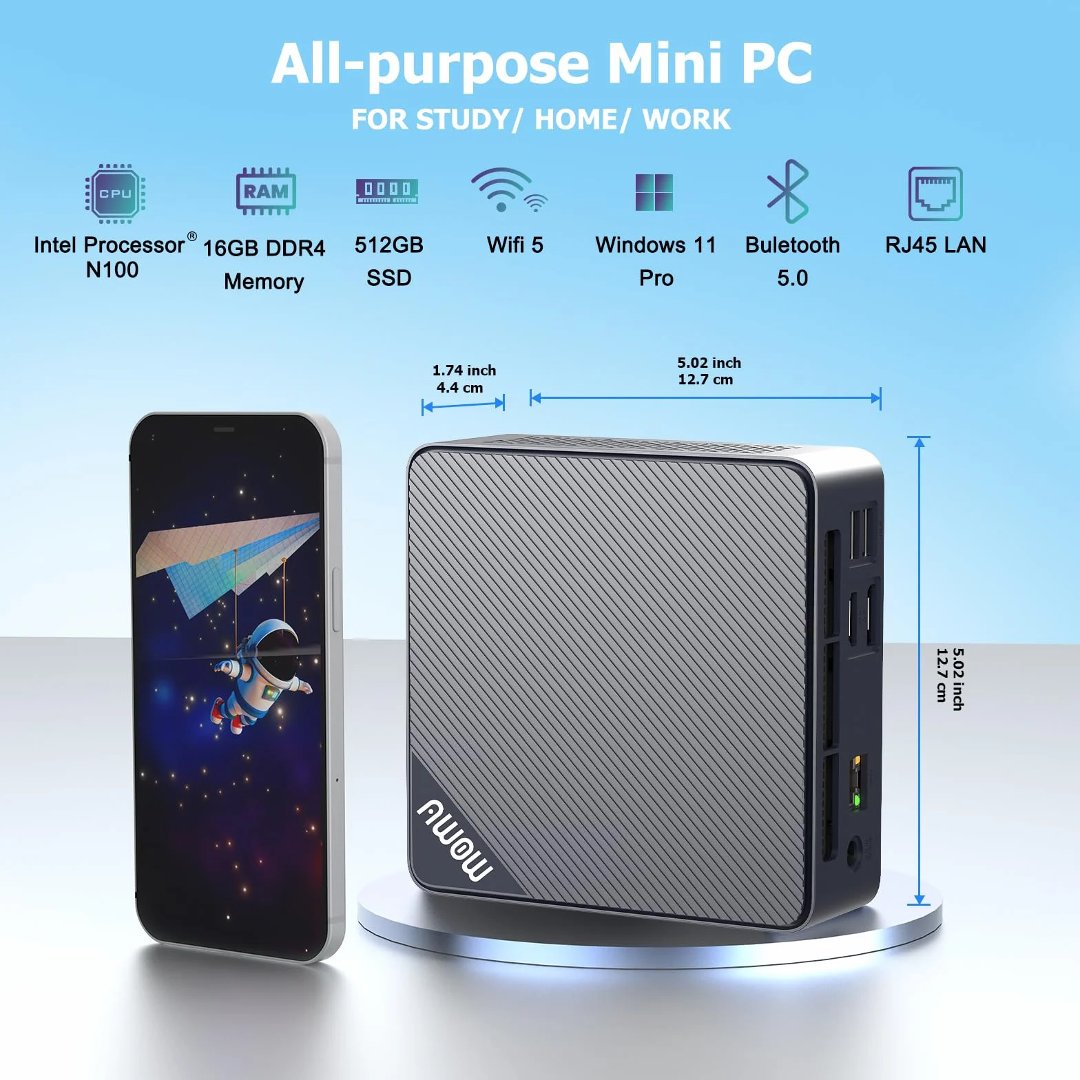 AWOW Mini PC Windows 11 Pro Gen12 N100 Quad Core 3,40 GHz, 16 GB DDR4 512 GB SSD mini komputer stacjonarny, Micro PC Dual Display HDMI DP 4K 60Hz RJ45 Gigabit Ethernet, WiFi5