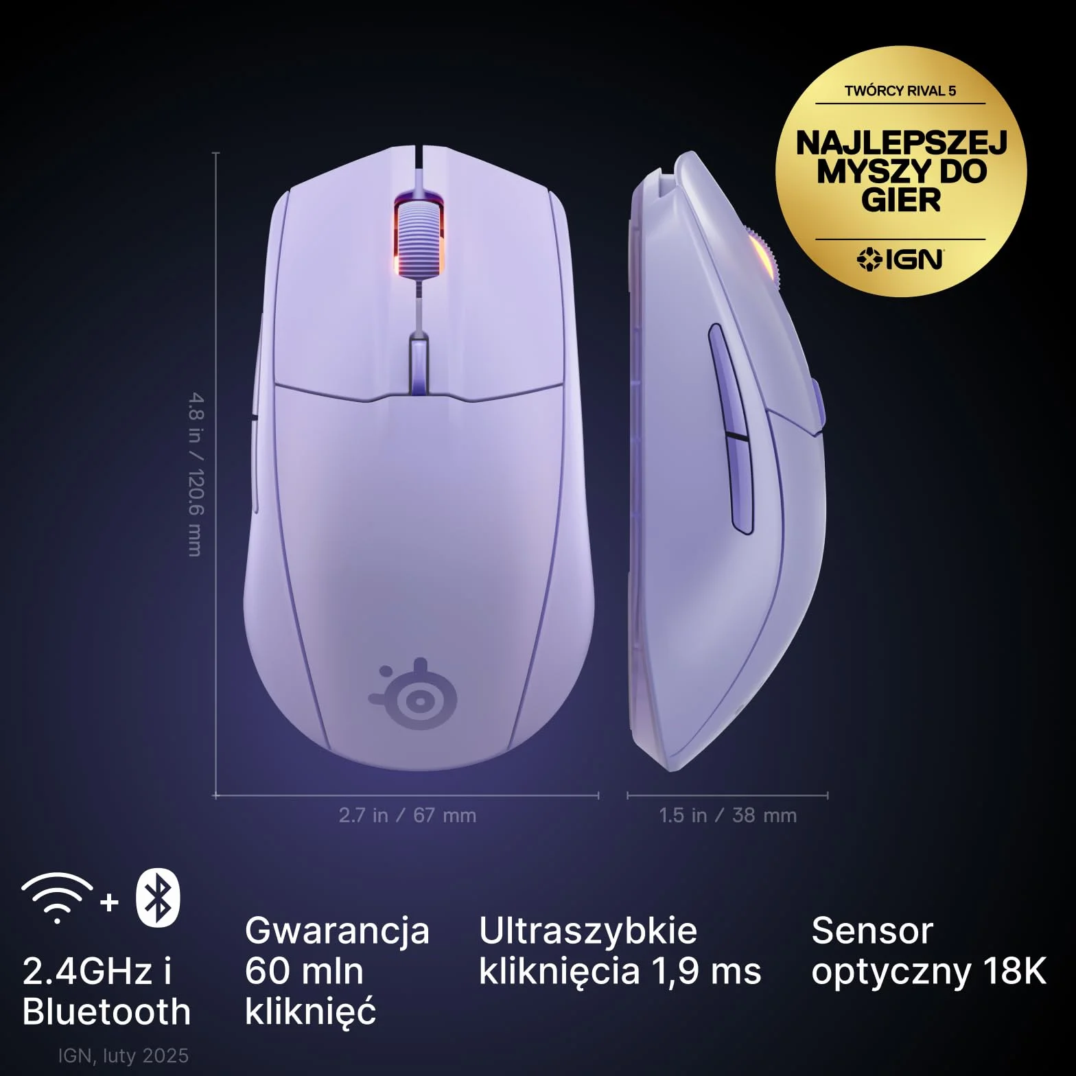 SteelSeries Rival 3 Wireless Gen 2 mysz do gier 2,4 GHz Bluetooth TrueMove Air 18000 DPI 60M kliknięć PTFE Lavendowy