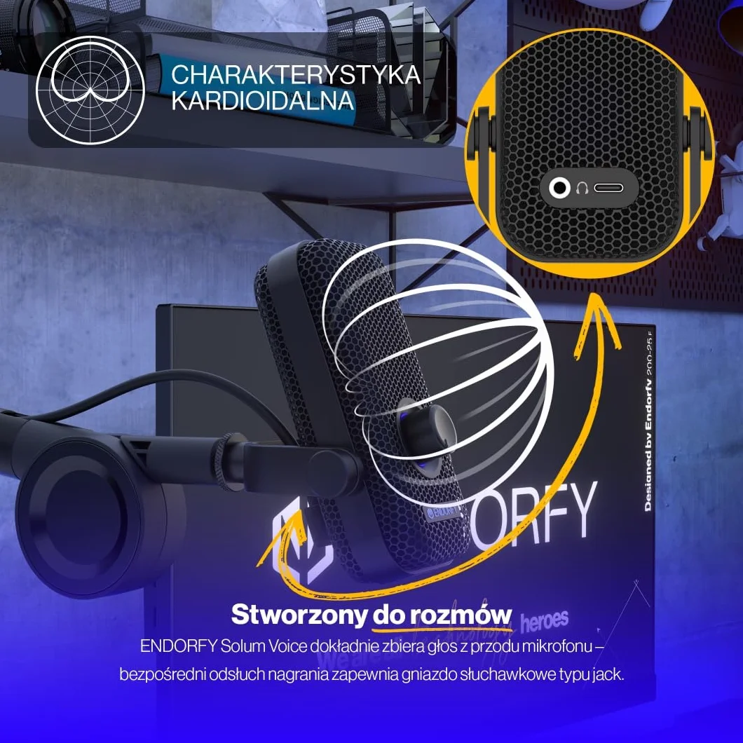 ENDORFY Solum Voice Mikrofon USB C RGB do streamingu i podcastów, kardioidalny, regulowane ramię, monitoring słuchawkowy, GAIN, MUTE, Plug & Play, PC PS5