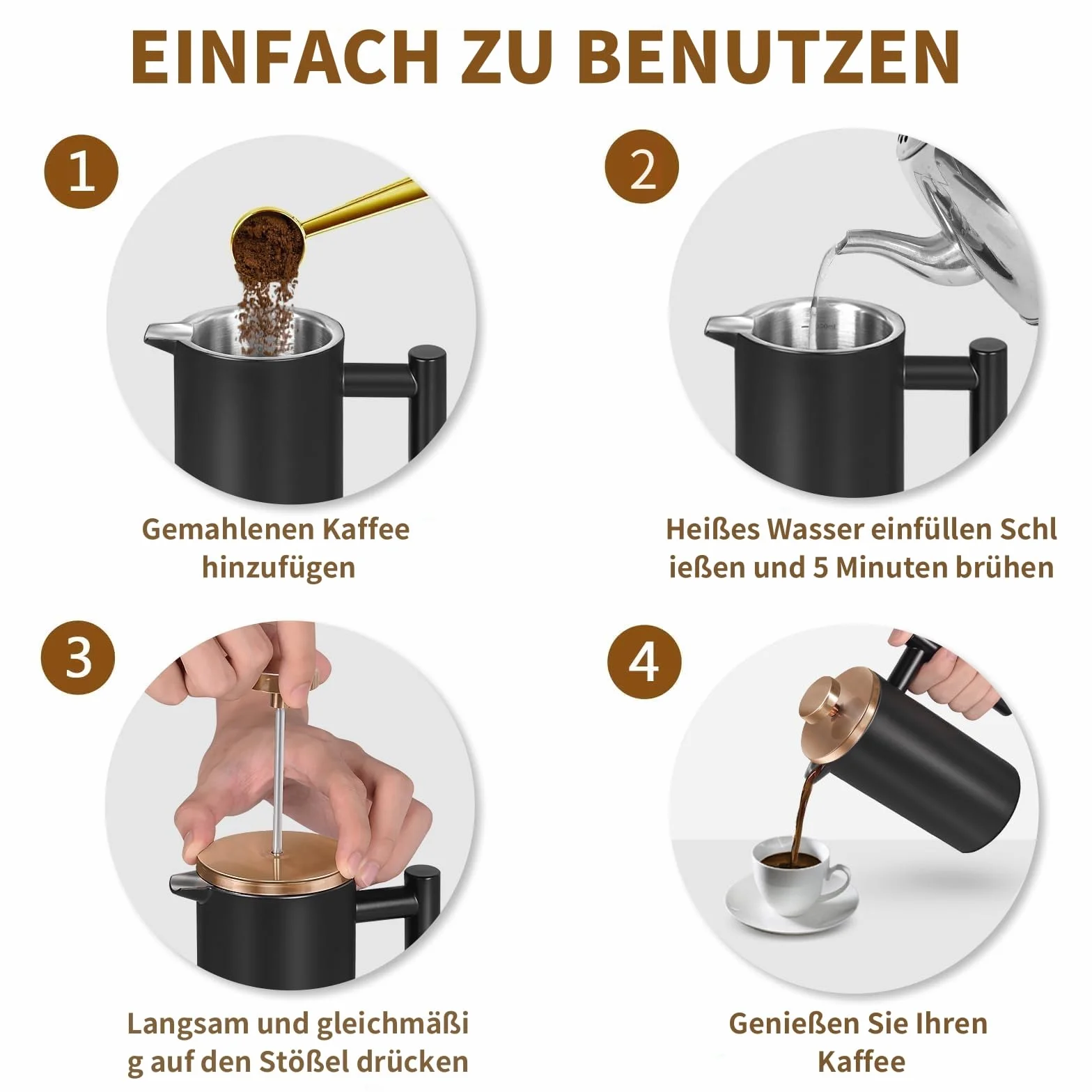 Zaparzacz do kawy French Press 350 ml, różowe złoto, kompaktowy podróżny