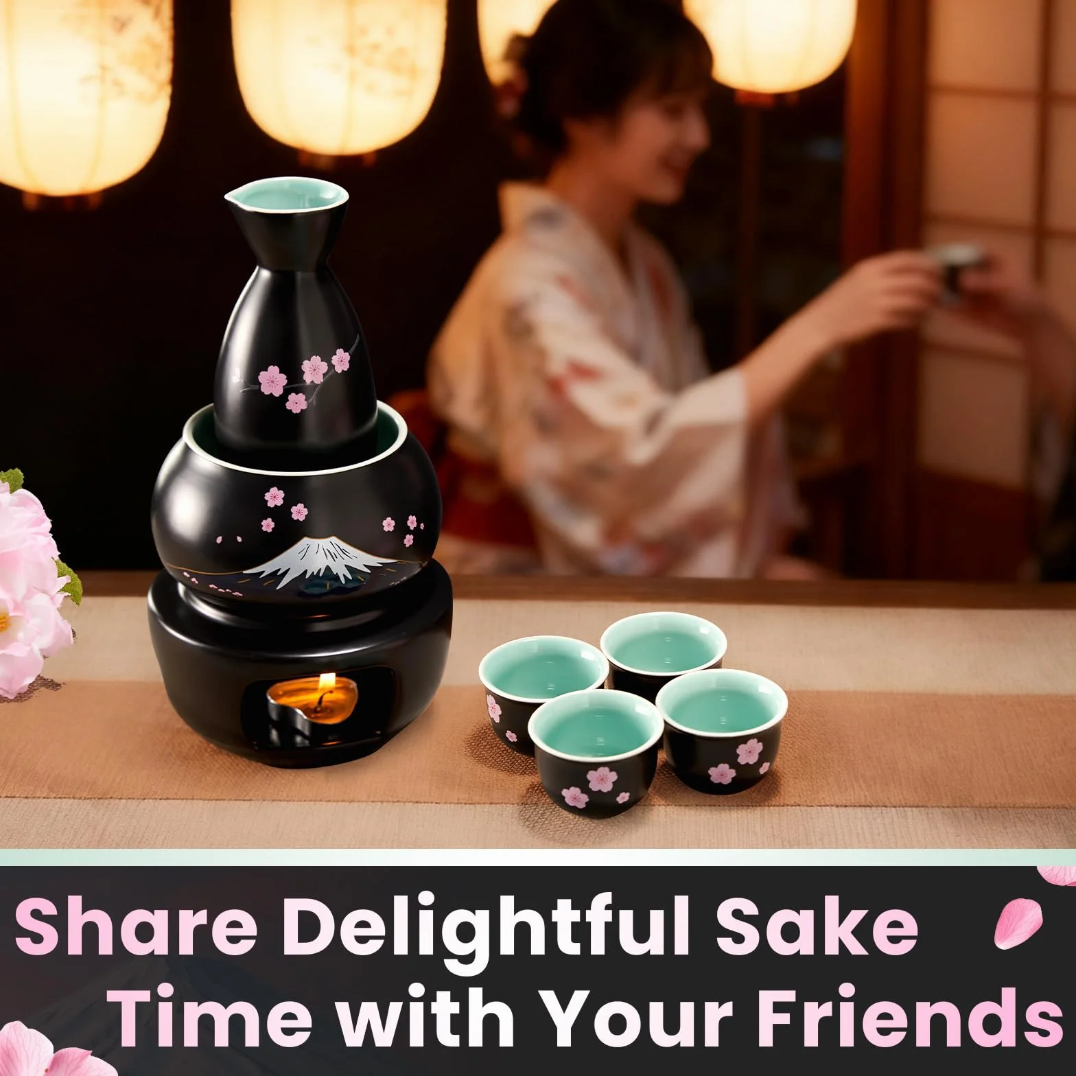 DUJUST 10-częściowy zestaw japońskich sake porcelanowy Sakura Fuji czarny