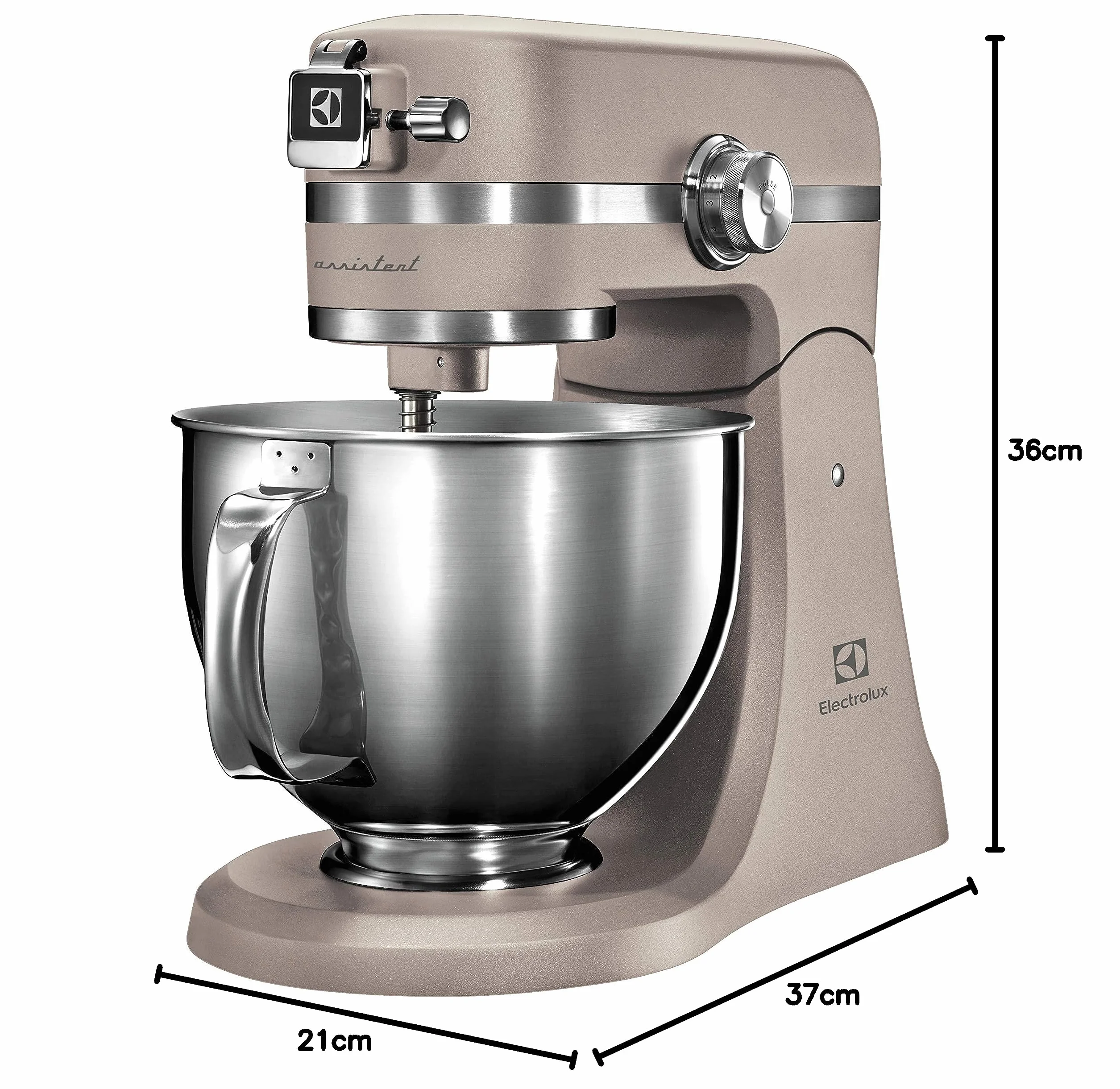 Electrolux Robot Kuchenny 1200 W, 10 prędkości + f. pulsacyjna, Oświetlenie LED misy, 2 misy o pojemności 4,8l i 2,9l, W Zestawie: Hak, Trzepaczka, Ubijaczka, Silikonowa Łyżka, Pokrywa, EKM5570,Beżowy
