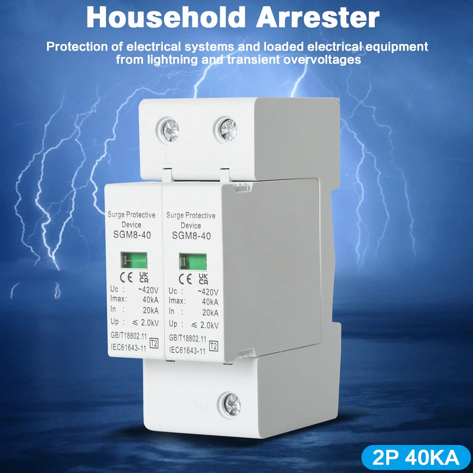 Urządzenie ochronne przeciwprzepięciowe 2P 40Ka, fotowoltaiczna osłona błyskawicy, ochrona urządzeń gospodarstwa domowego AC420V